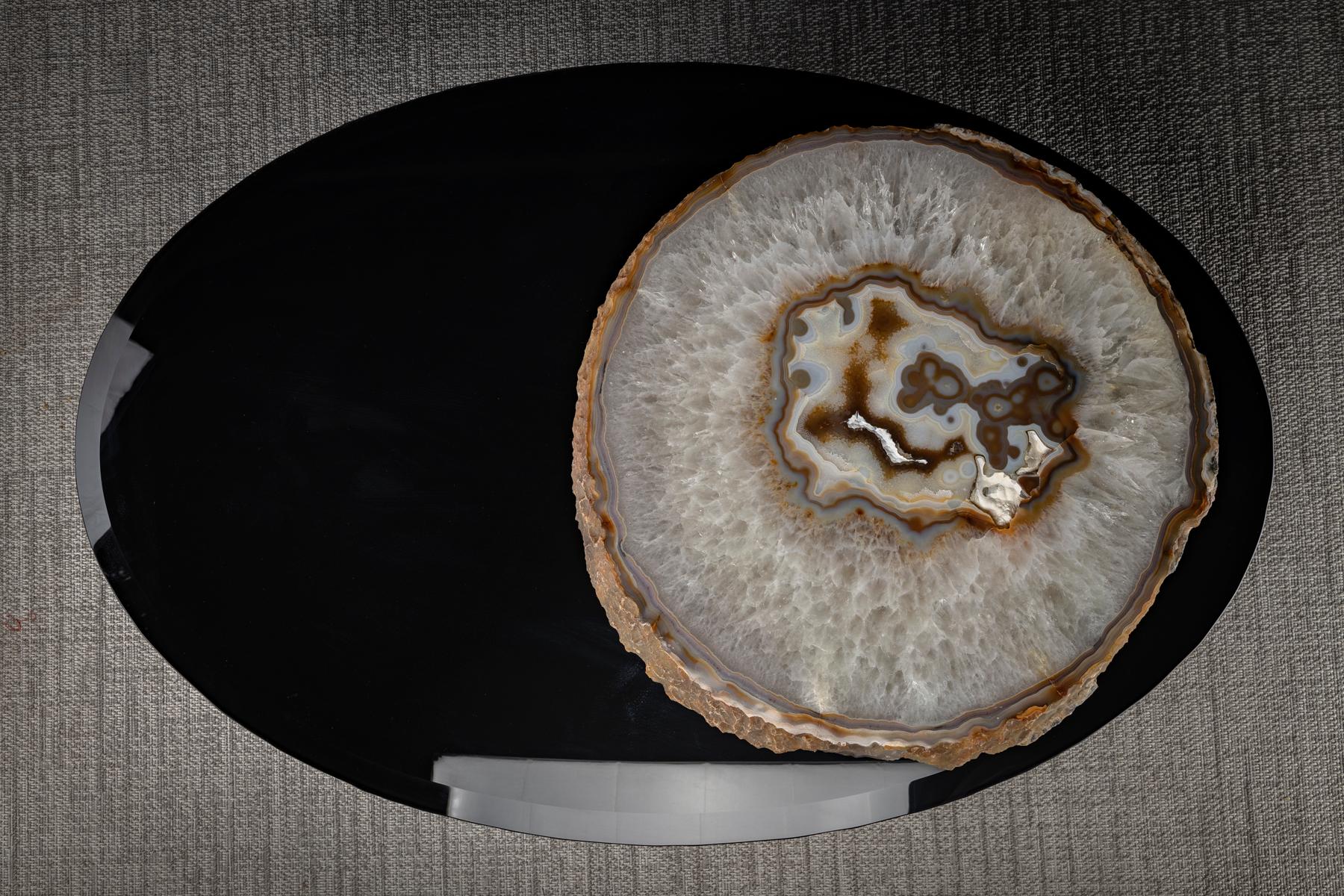 Organic Modern Center Table, with Lazy Susan Rotating Brazilian Agate on Black Tempered Glass For Sale