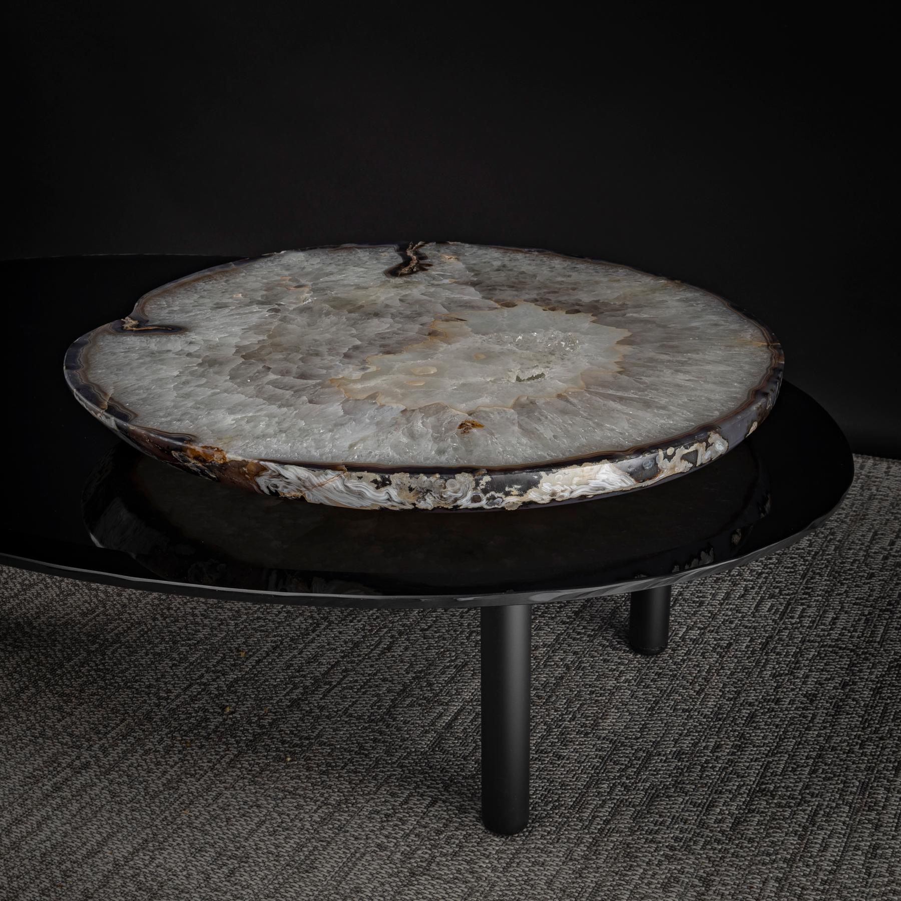 Mexican Center Table, with Lazy Susan Rotating Brazilian Agate on Black Tempered Glass For Sale