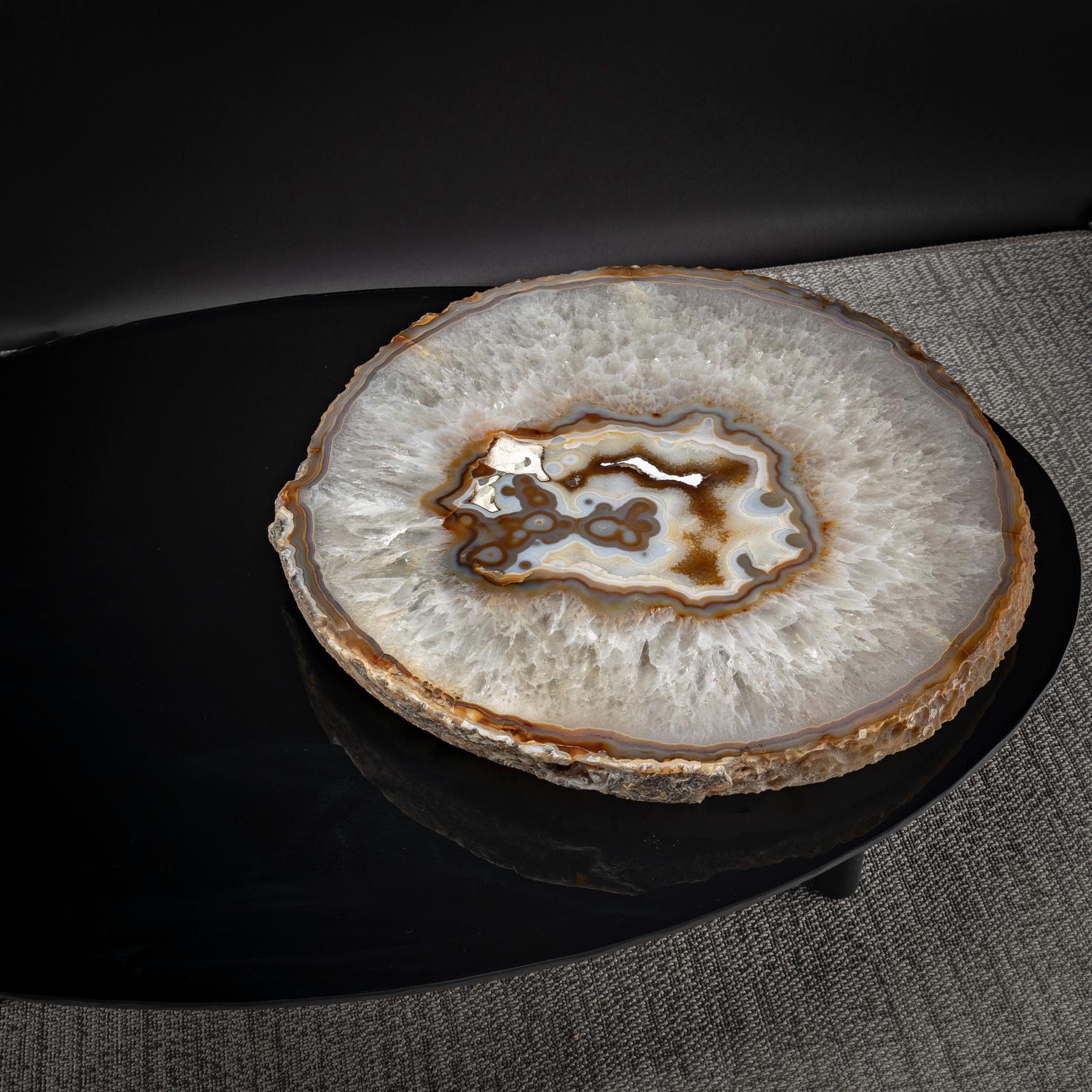 Mexican Center Table, with Lazy Susan Rotating Brazilian Agate on Black Tempered Glass For Sale