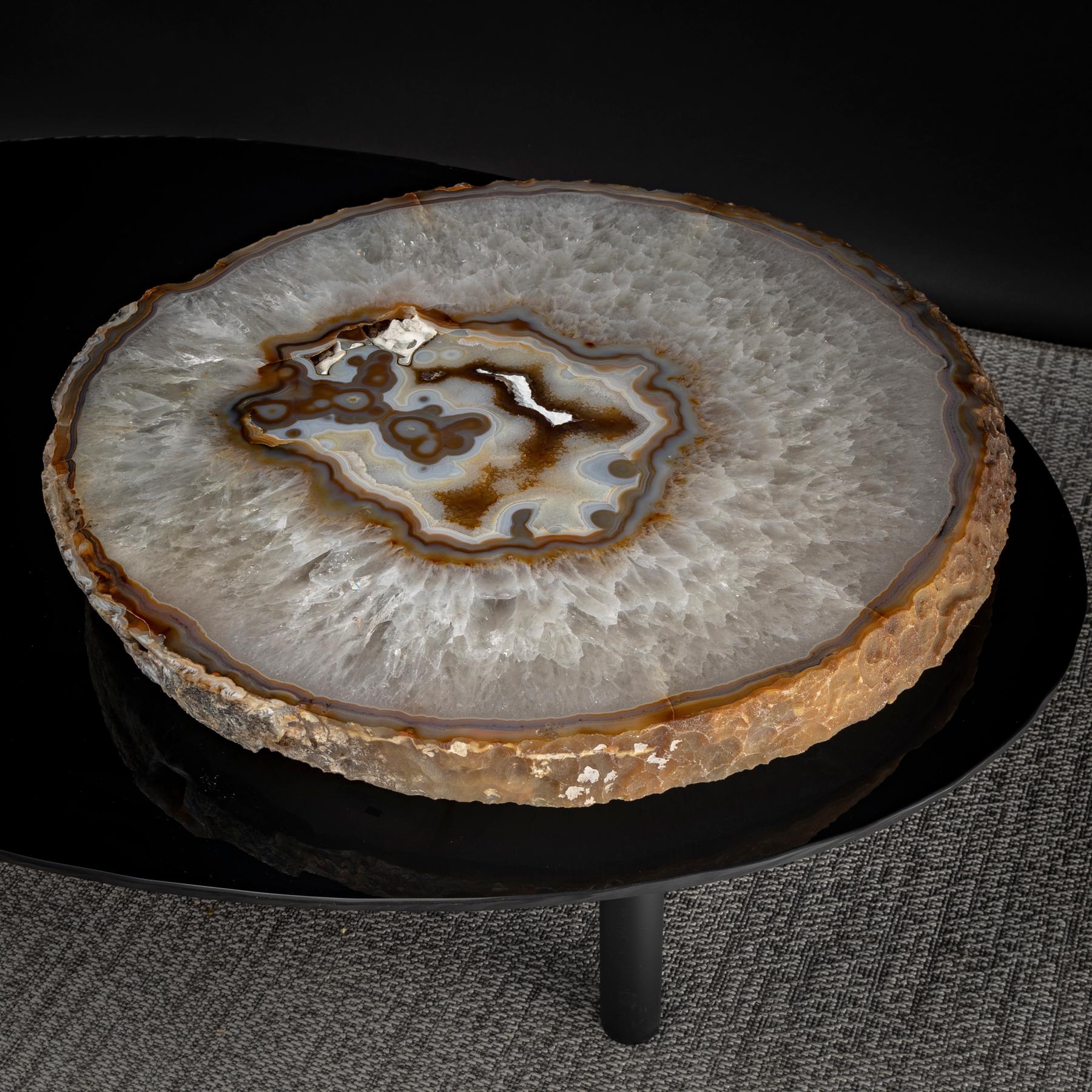 Polished Center Table, with Lazy Susan Rotating Brazilian Agate on Black Tempered Glass For Sale