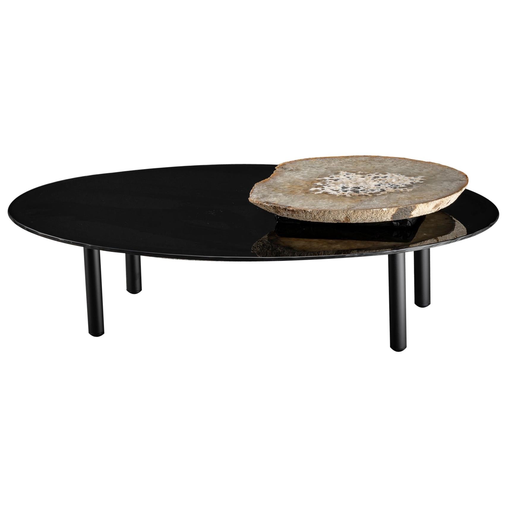 Table centrale rotative en agate brésilienne sur verre trempé noir, avec Lazy Susan