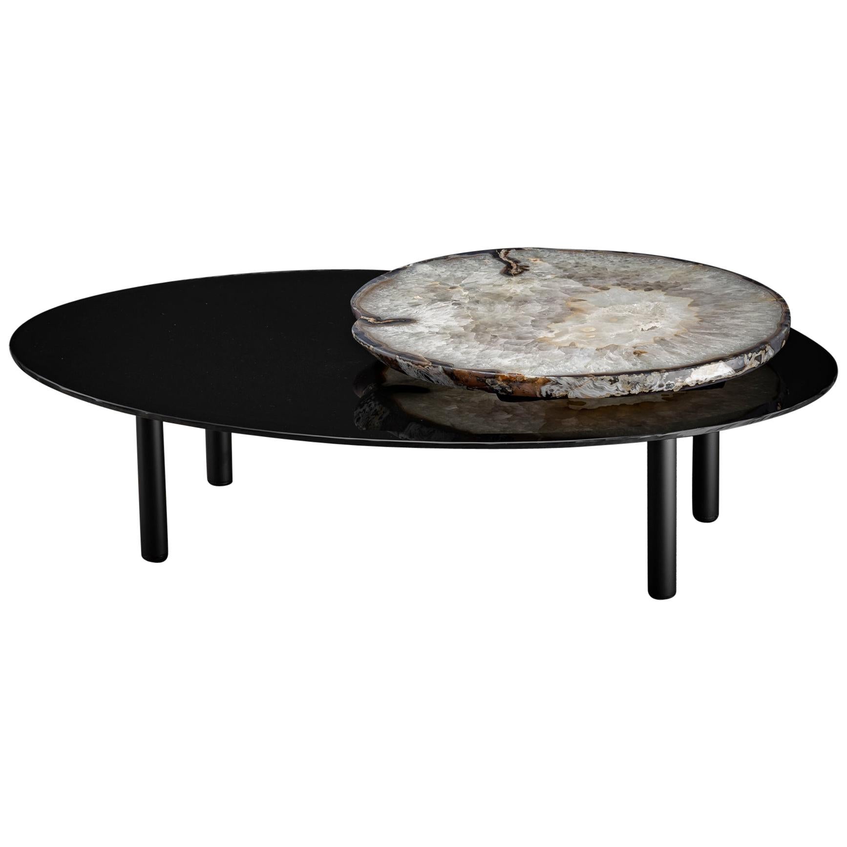 Center Table, with Lazy Susan Rotating Brazilian Agate on Black Tempered Glass For Sale