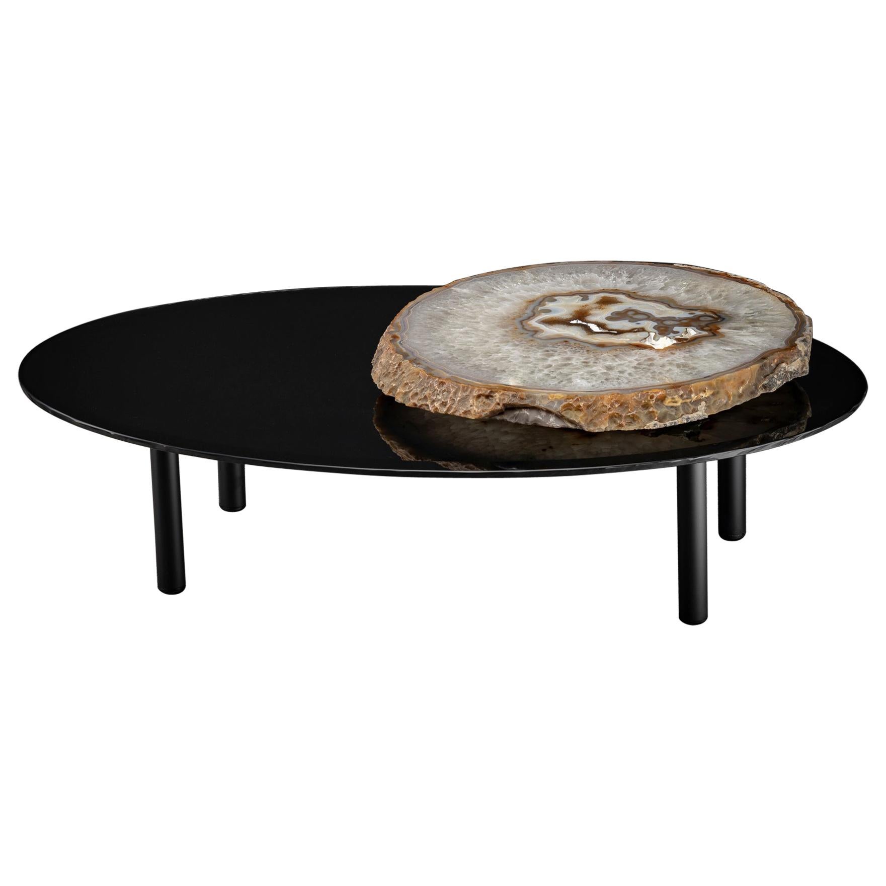 Center Table, with Lazy Susan Rotating Brazilian Agate on Black Tempered Glass For Sale
