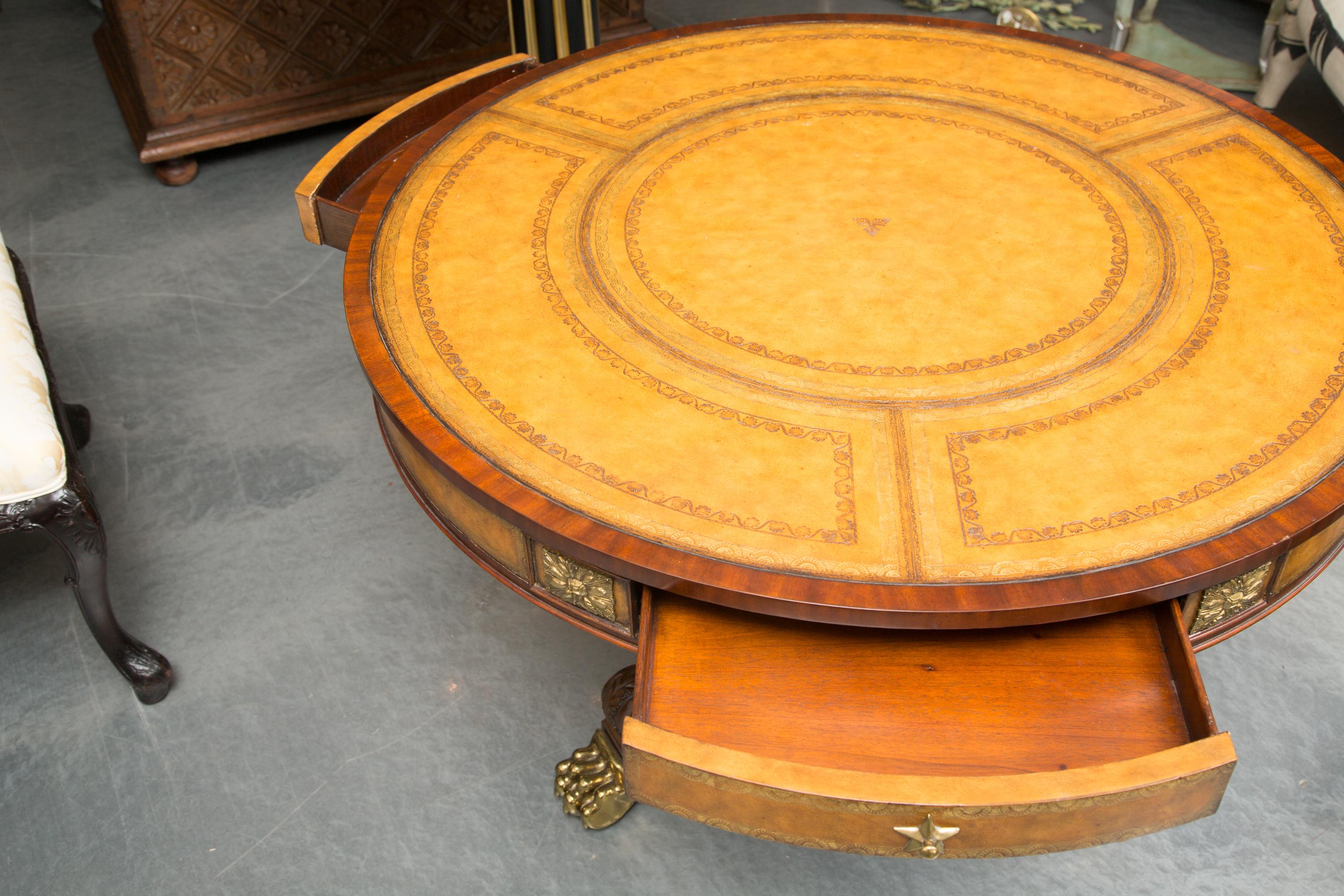 Polished Center Table with Leather Inset and Gilt Decoration