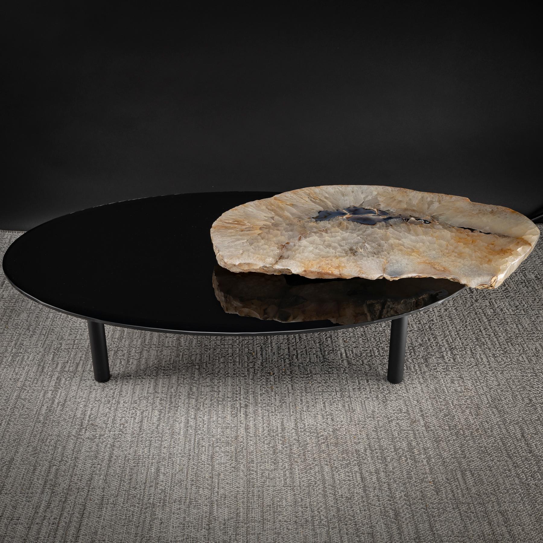 Center Table, with Rotating Brazilian Agate on Black Tempered Glass For Sale 1