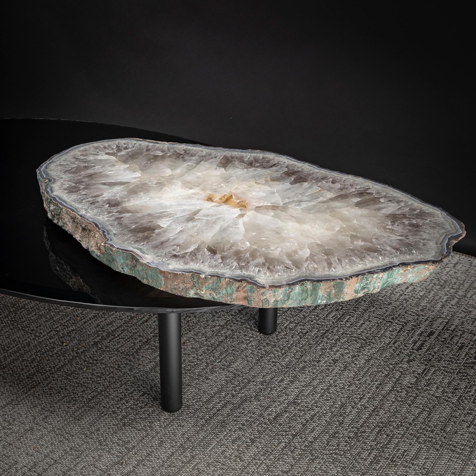 Center Table, with Rotating Brazilian Agate on Black Tempered Glass 3