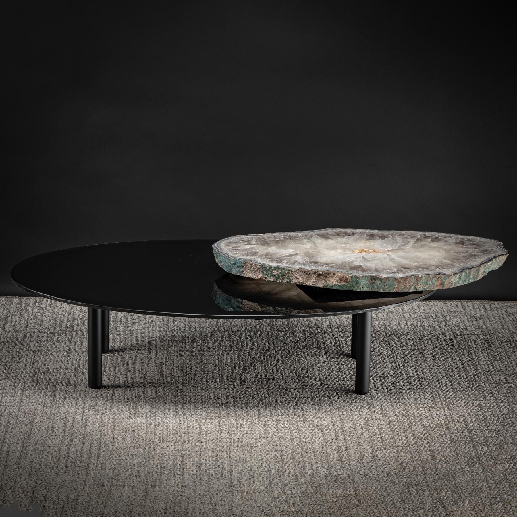 Center Table, with Rotating Brazilian Agate on Black Tempered Glass 4
