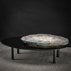 Center Table, with Rotating Brazilian Agate on Black Tempered Glass