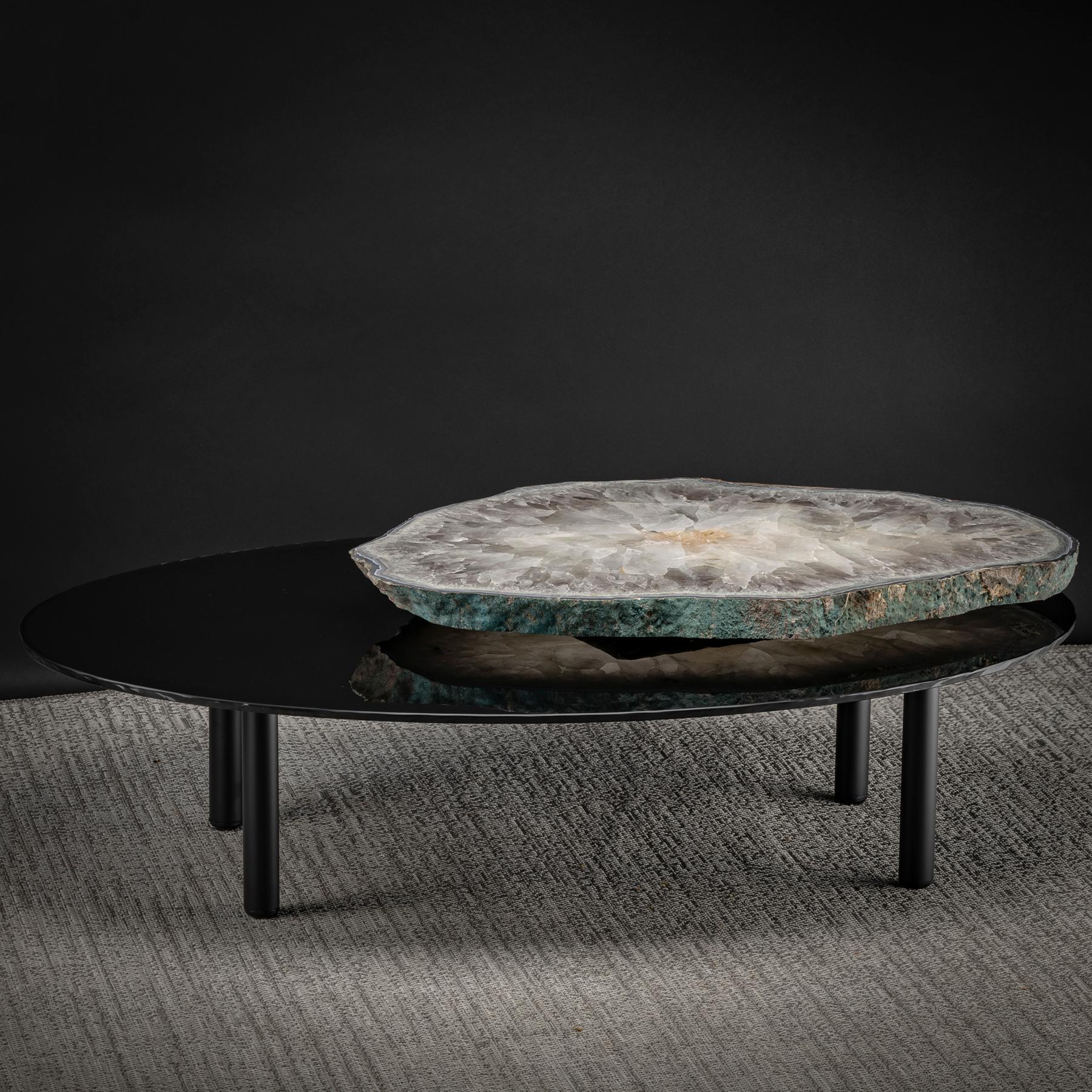 Organic Modern Center Table, with Rotating Brazilian Agate on Black Tempered Glass