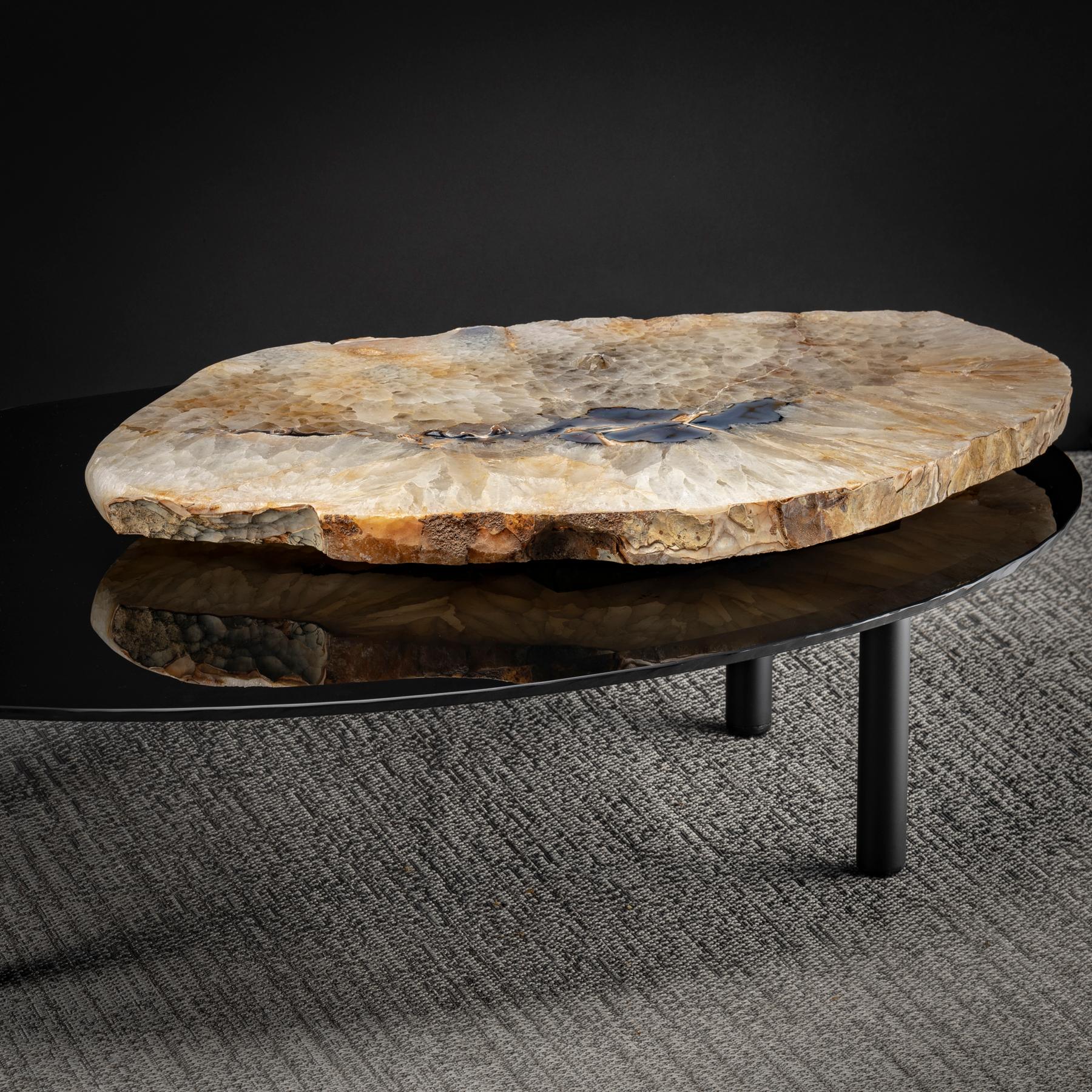 Organic Modern Center Table, with Rotating Brazilian Agate on Black Tempered Glass For Sale