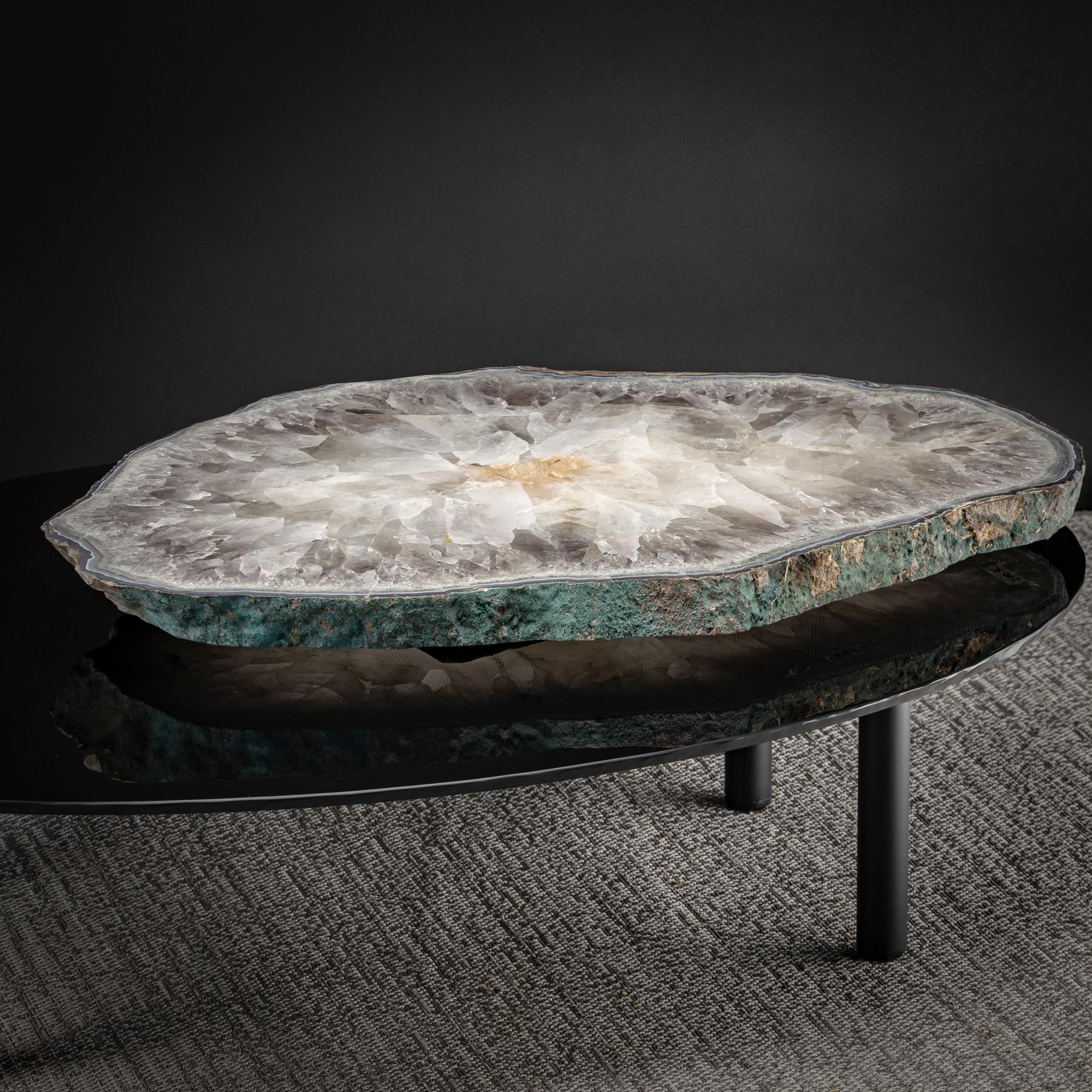 Mexican Center Table, with Rotating Brazilian Agate on Black Tempered Glass