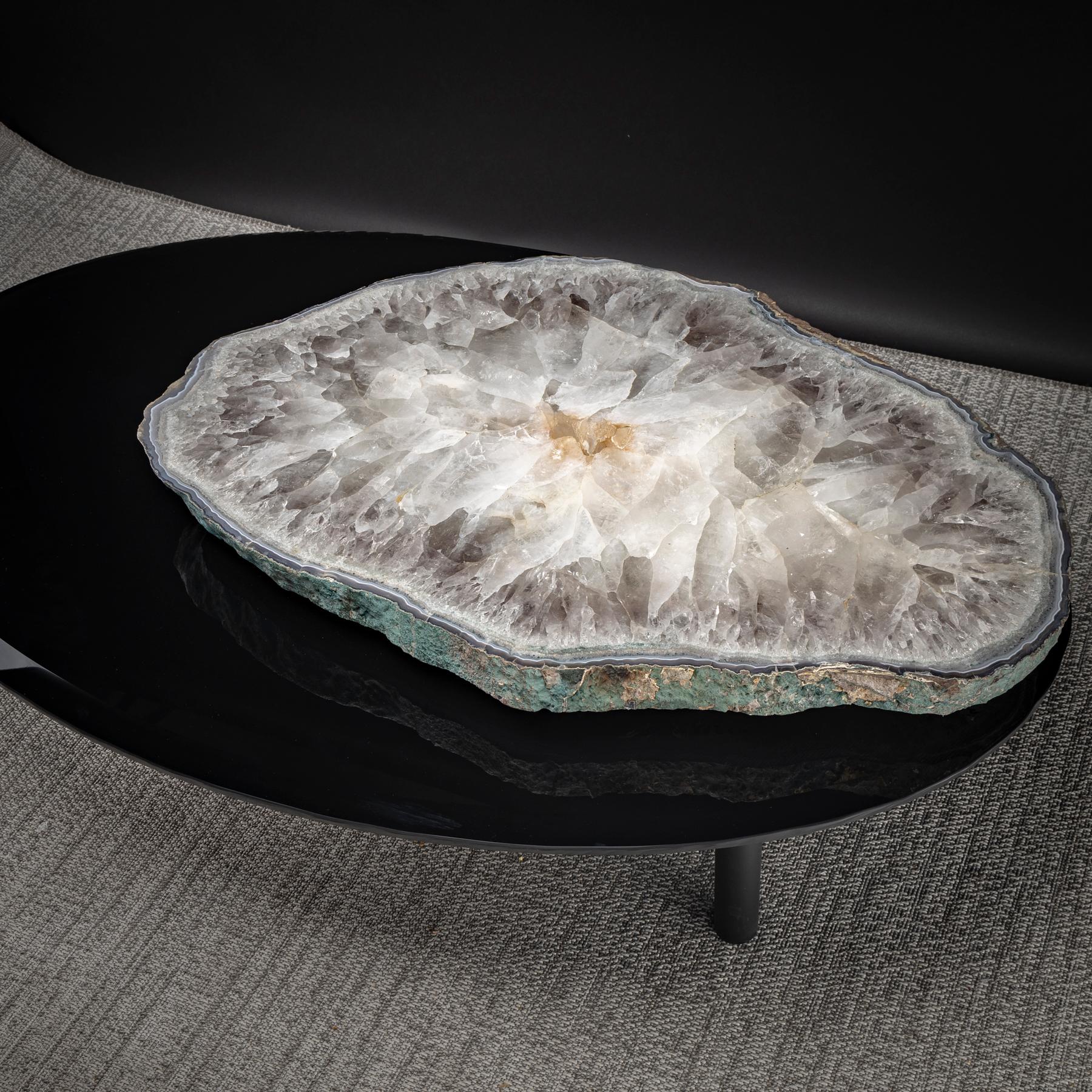 Center Table, with Rotating Brazilian Agate on Black Tempered Glass In New Condition In Polanco, CDMX