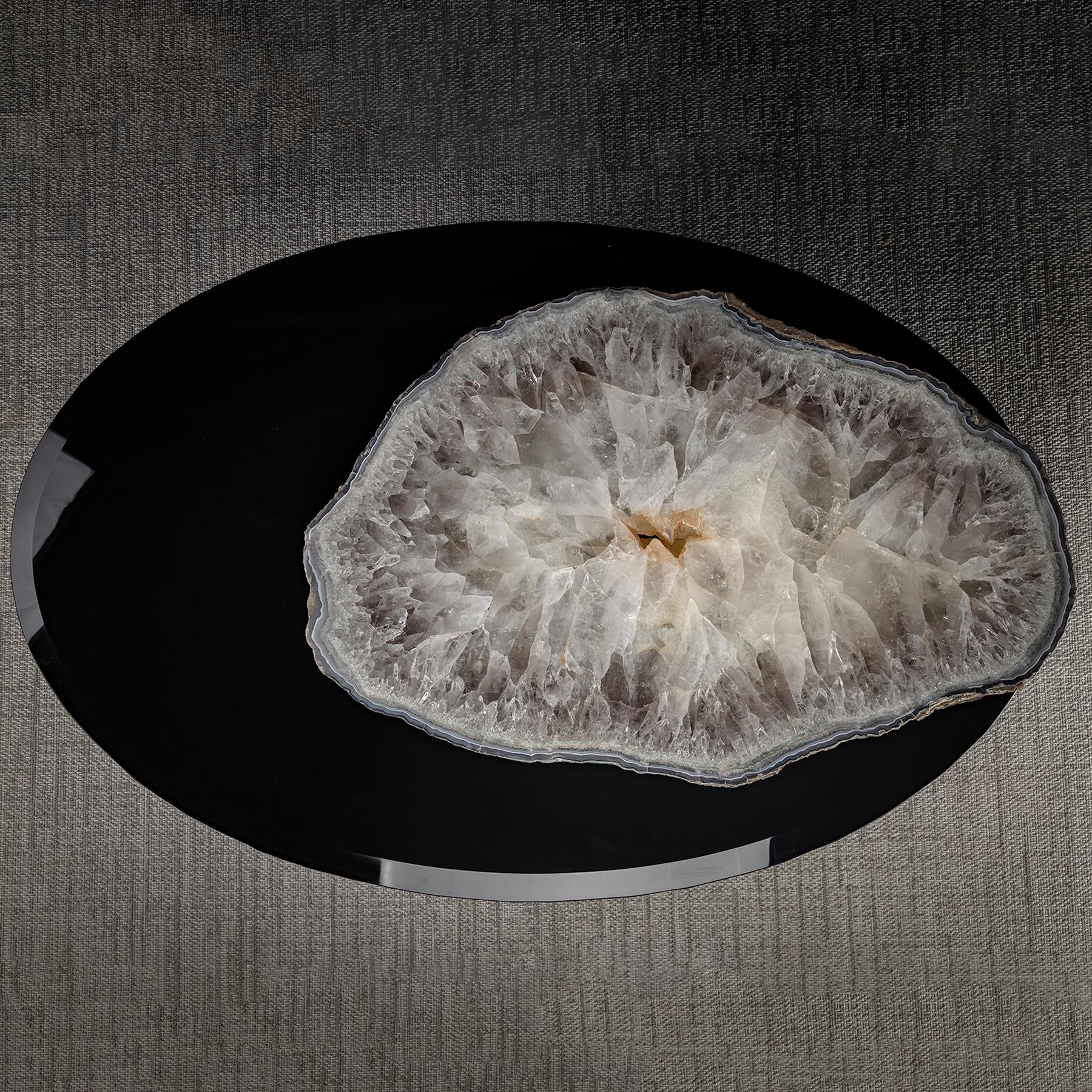 Contemporary Center Table, with Rotating Brazilian Agate on Black Tempered Glass