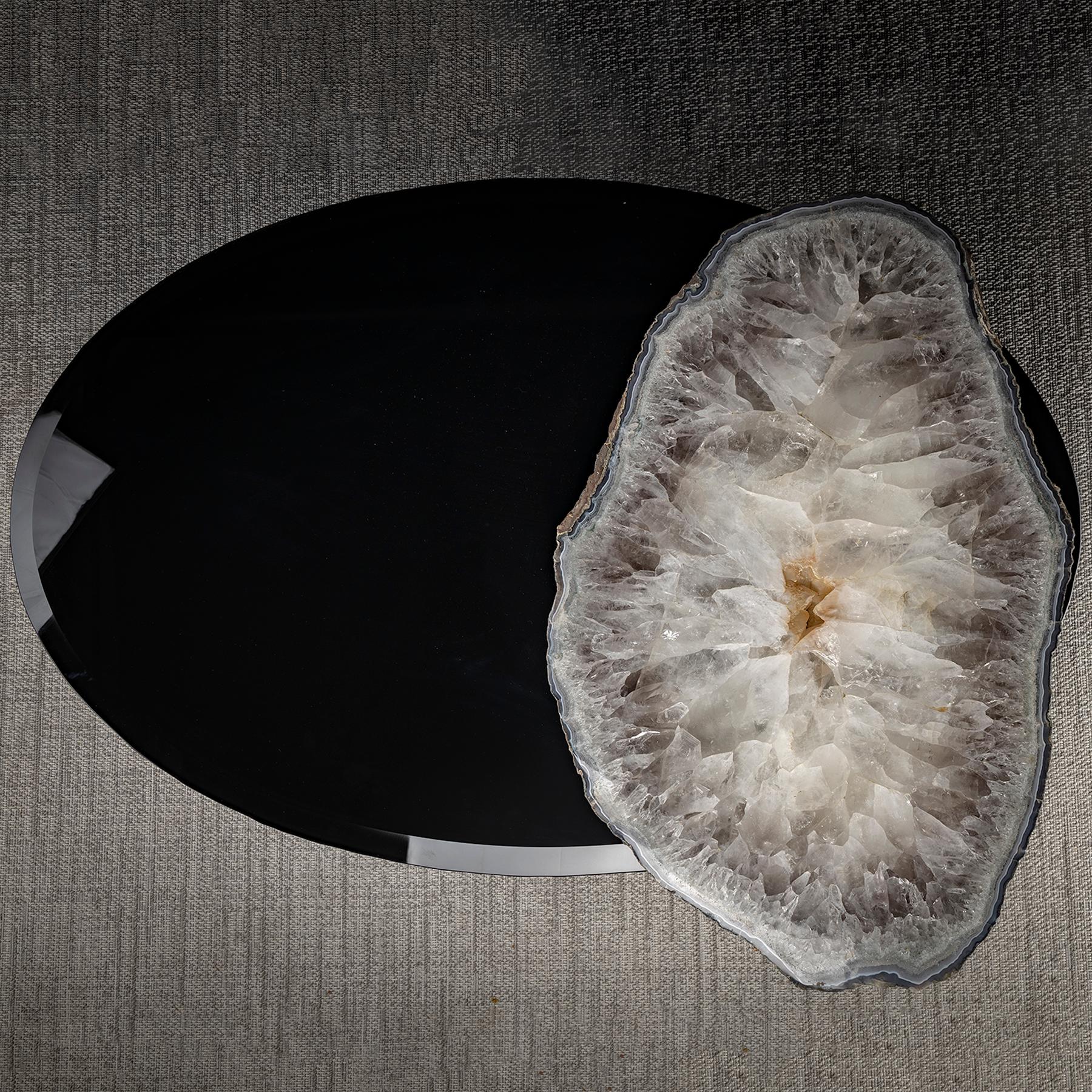 Metal Center Table, with Rotating Brazilian Agate on Black Tempered Glass