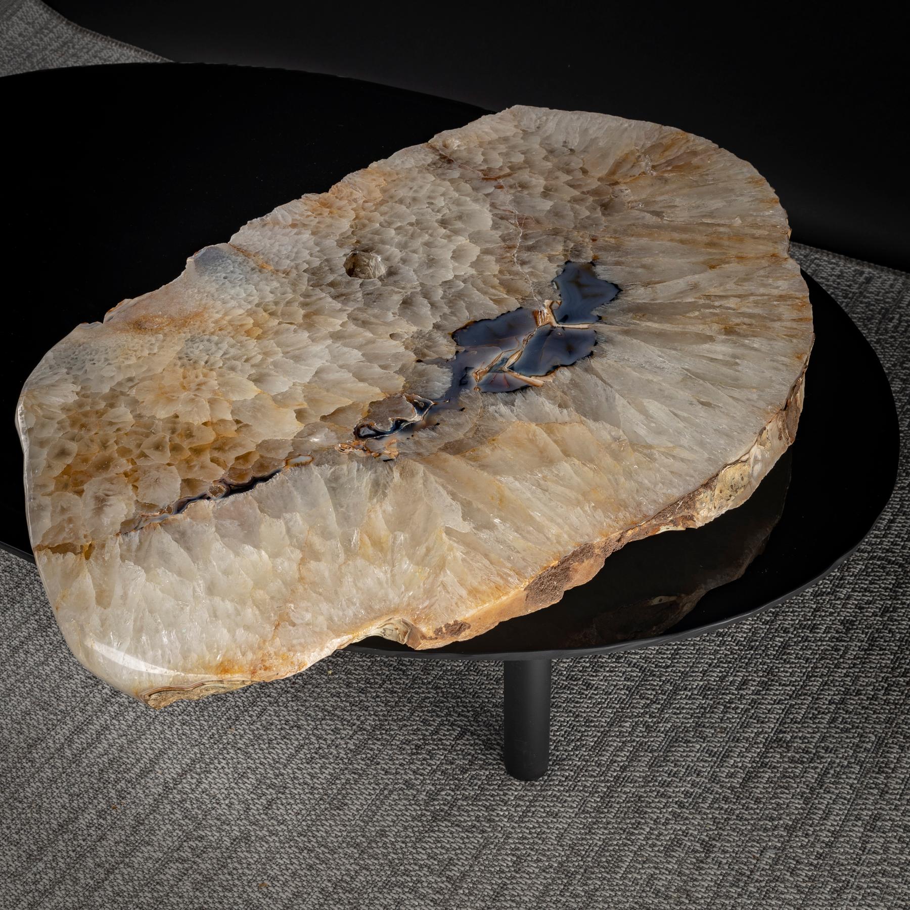 Contemporary Center Table, with Rotating Brazilian Agate on Black Tempered Glass For Sale