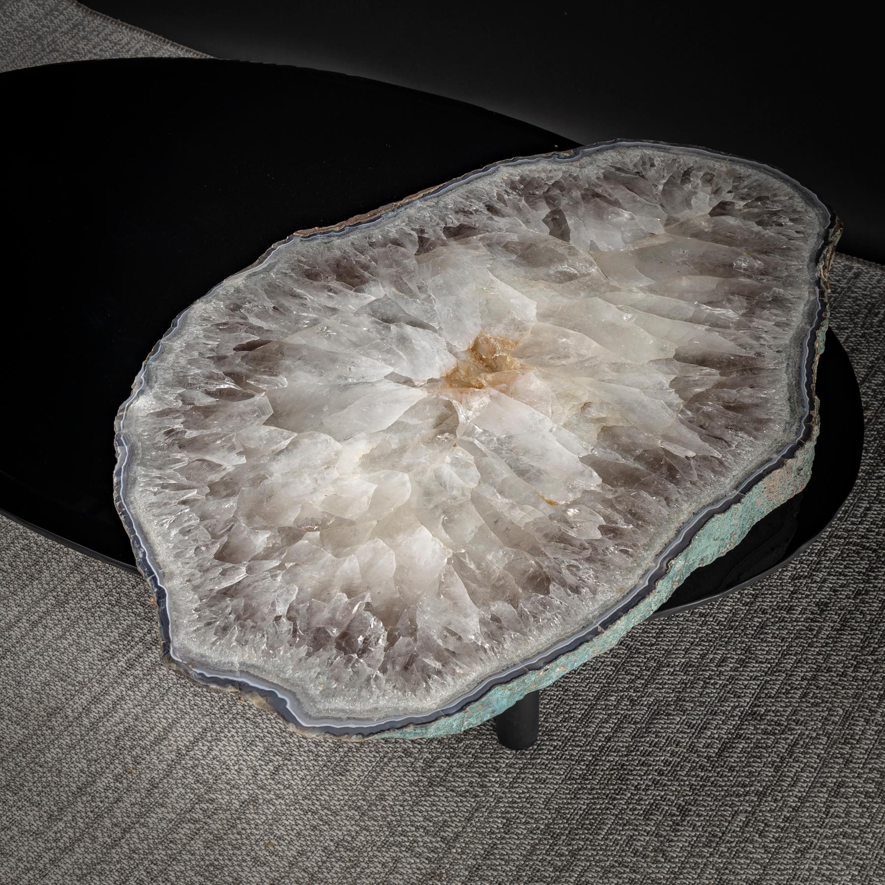 Center Table, with Rotating Brazilian Agate on Black Tempered Glass 1