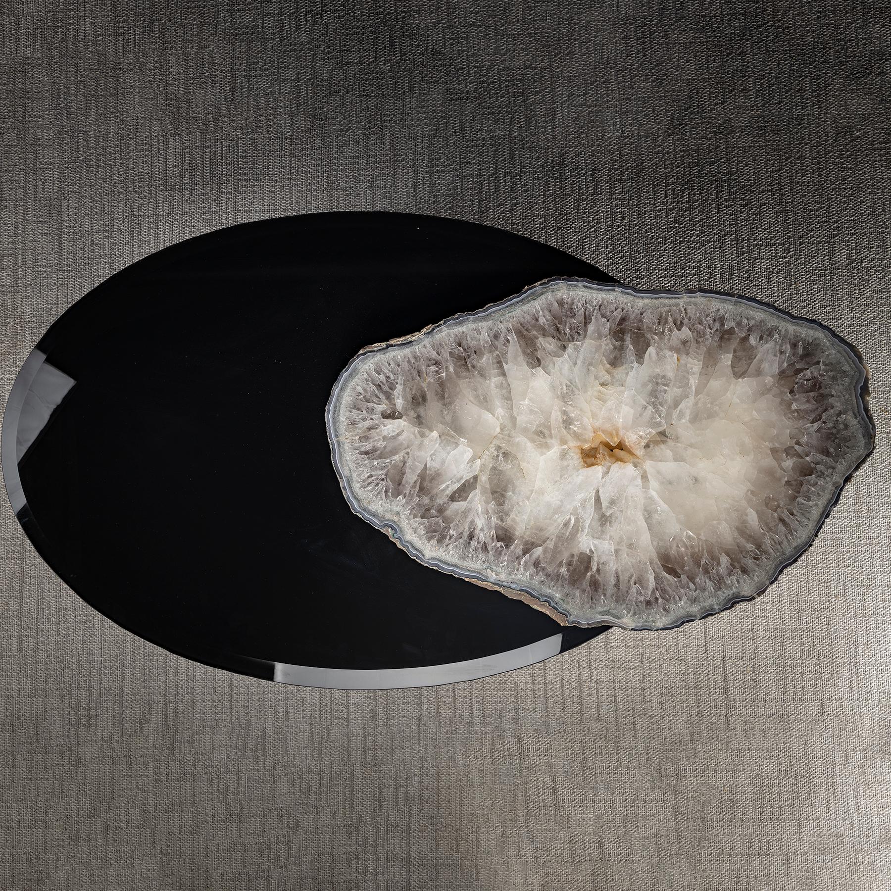 Center Table, with Rotating Brazilian Agate on Black Tempered Glass 2