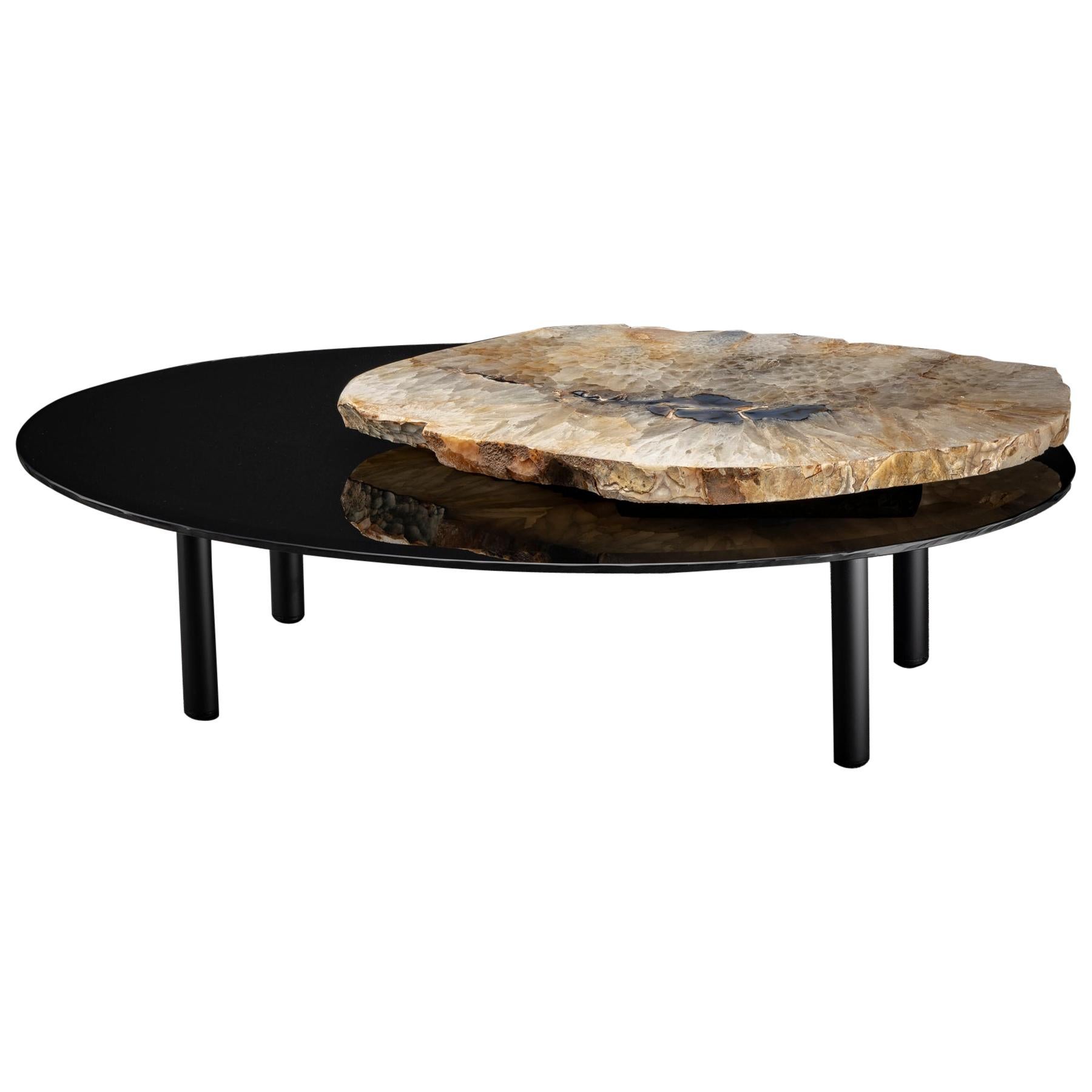 Center Table, with Rotating Brazilian Agate on Black Tempered Glass For Sale