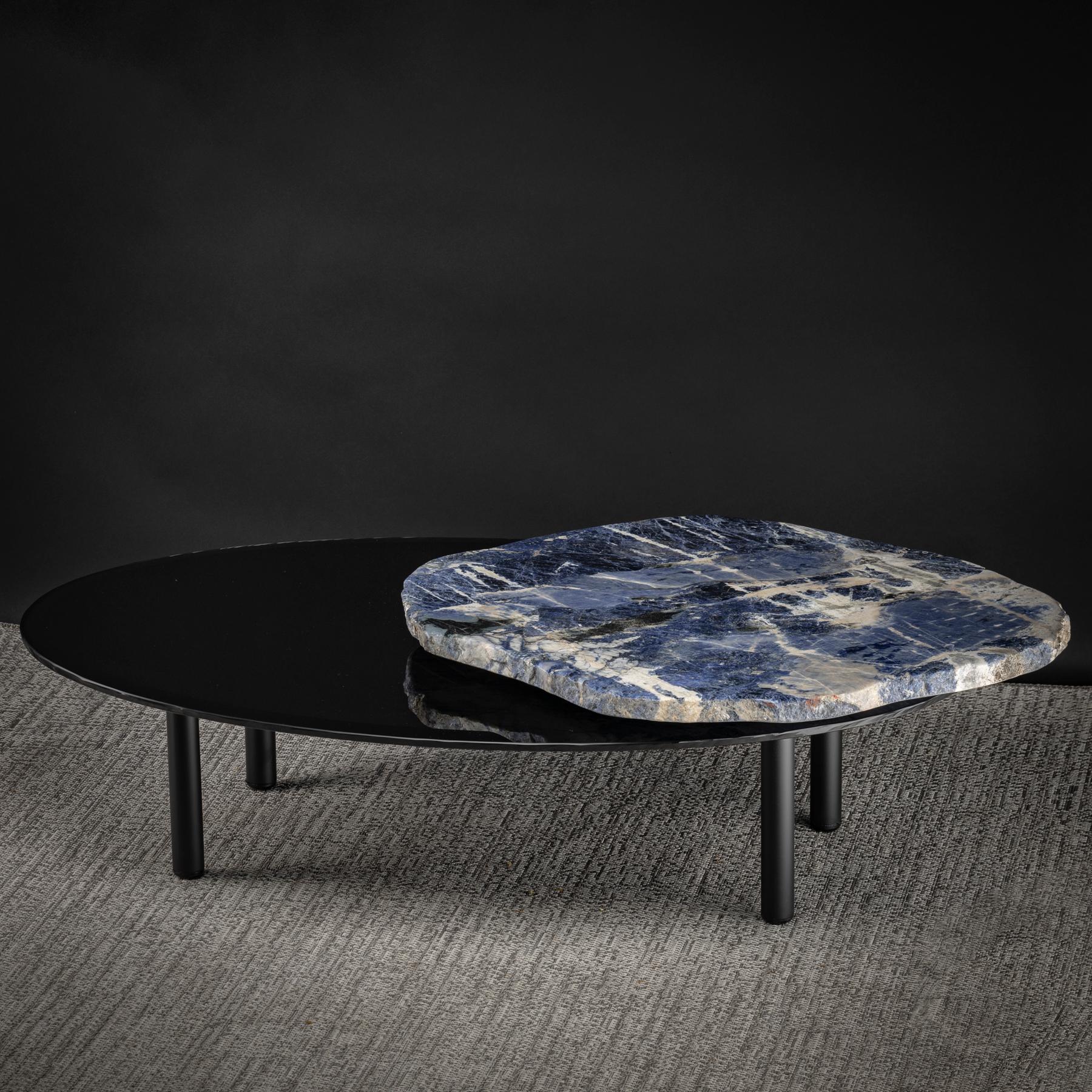 Center Table, with Rotating Brazilian Sodalite Slab on Black Tempered Glass 2