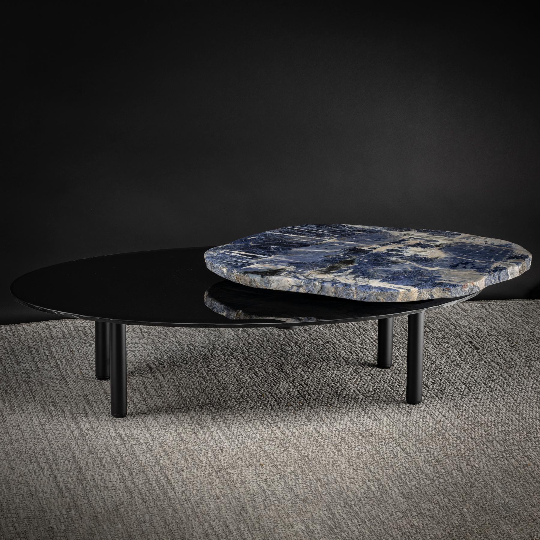 Center Table, with Rotating Brazilian Sodalite Slab on Black Tempered Glass 3