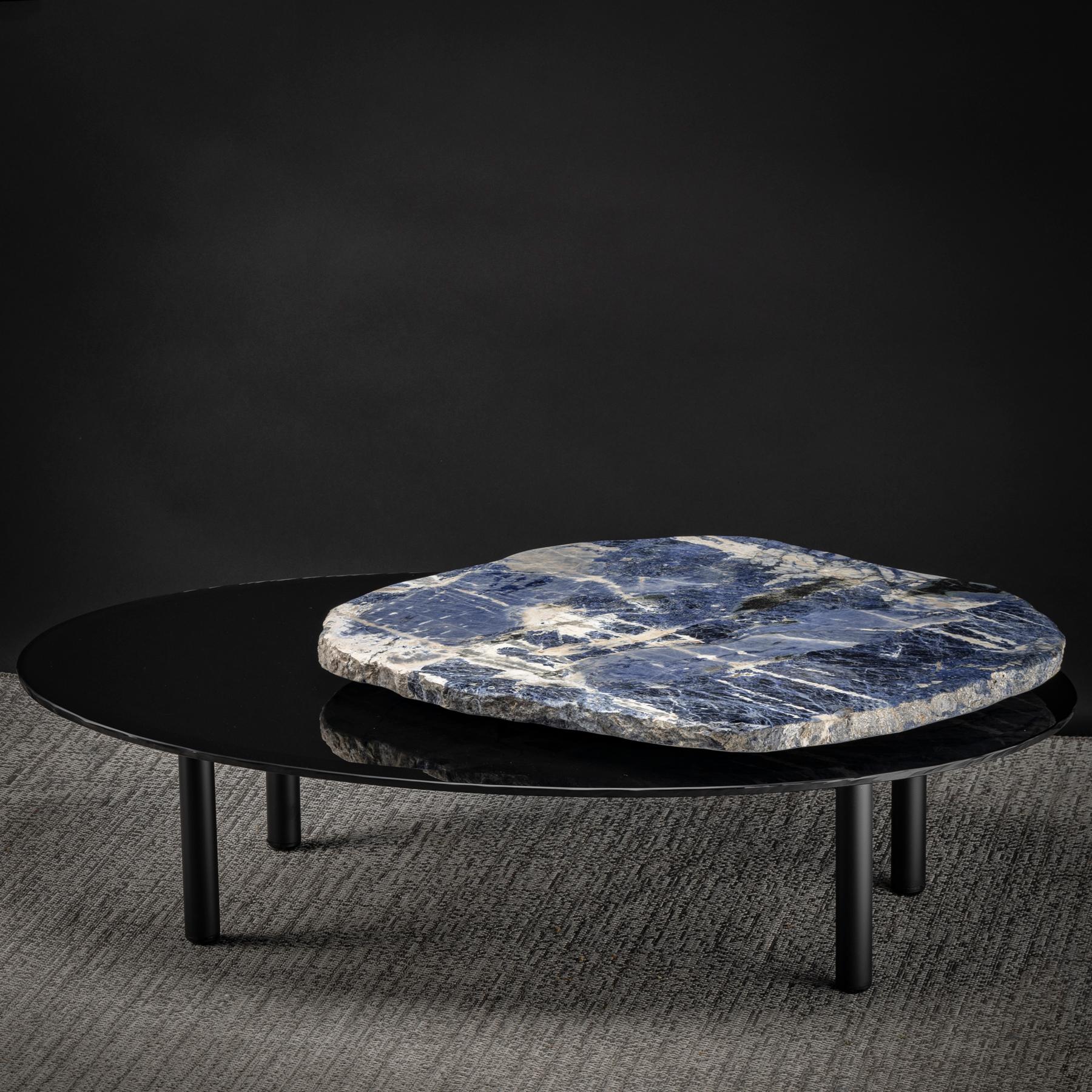 This center table is an original design featuring a 3-way rotating Brazilian sodalite slab.
The glass used for this table is tempered black color, 125mm thick.
 The agate size is: 31.6