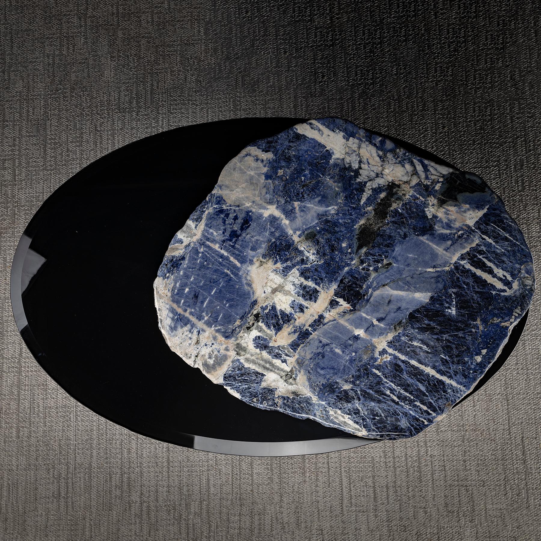 Organic Modern Center Table, with Rotating Brazilian Sodalite Slab on Black Tempered Glass