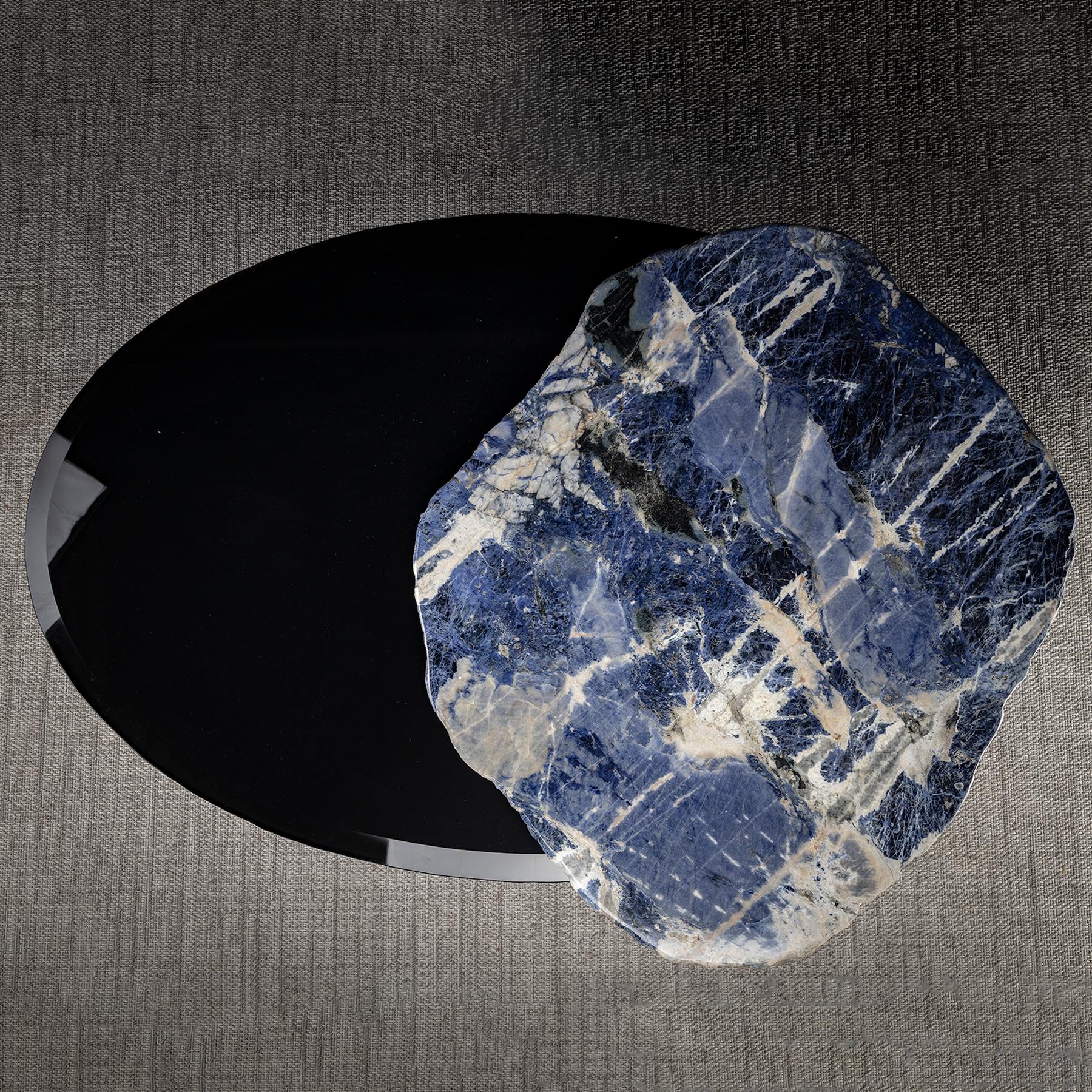 Mexican Center Table, with Rotating Brazilian Sodalite Slab on Black Tempered Glass