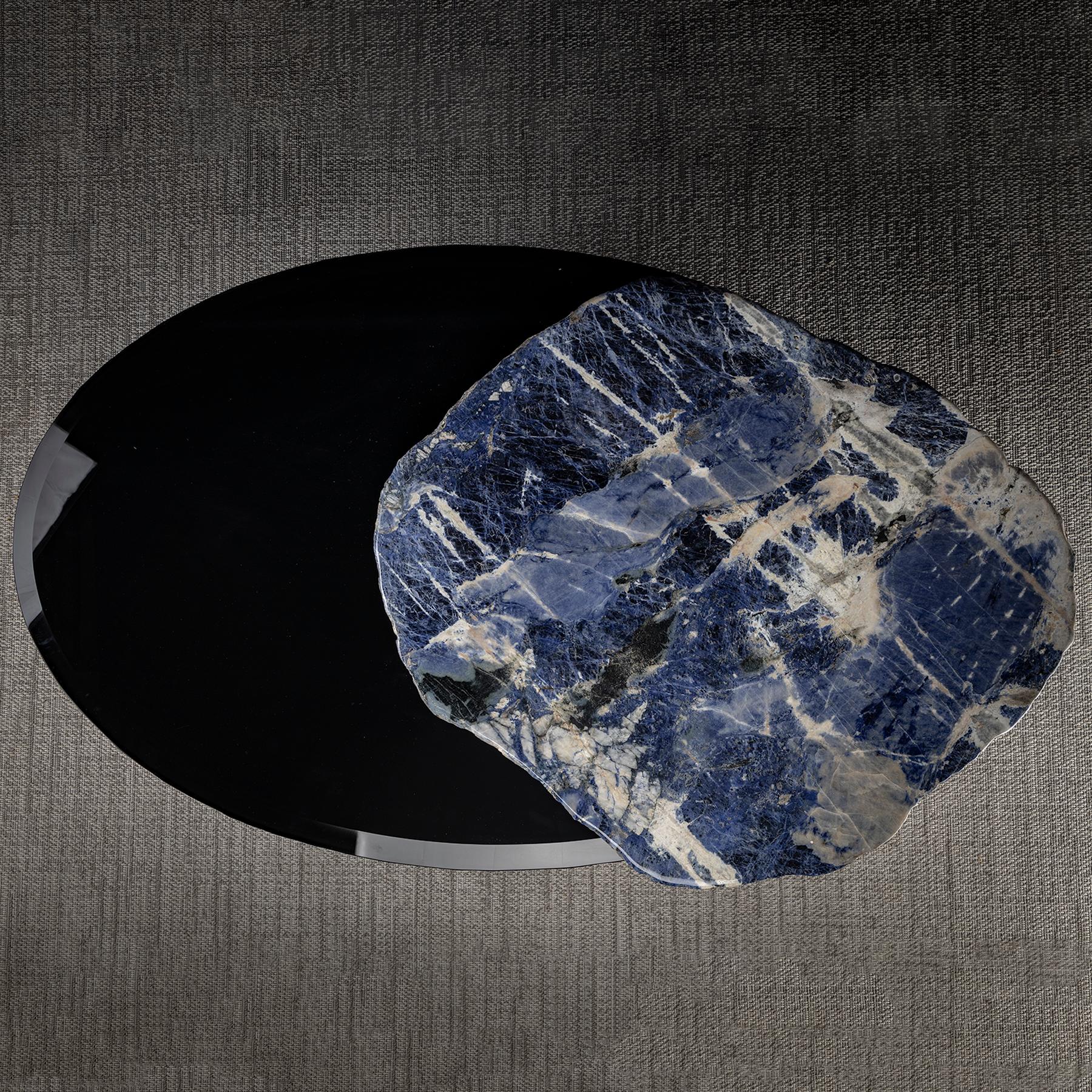 Contemporary Center Table, with Rotating Brazilian Sodalite Slab on Black Tempered Glass