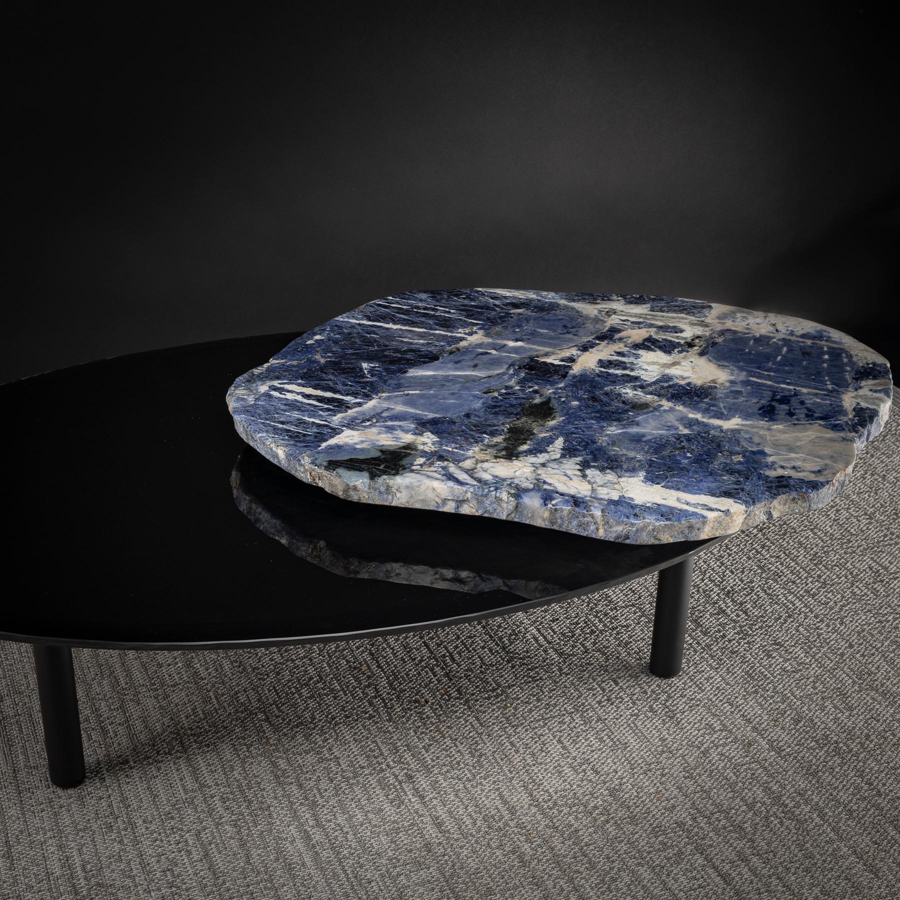 Center Table, with Rotating Brazilian Sodalite Slab on Black Tempered Glass 1
