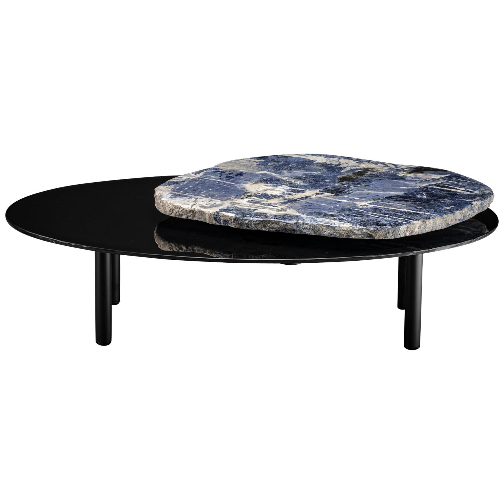 Center Table, with Rotating Brazilian Sodalite Slab on Black Tempered Glass