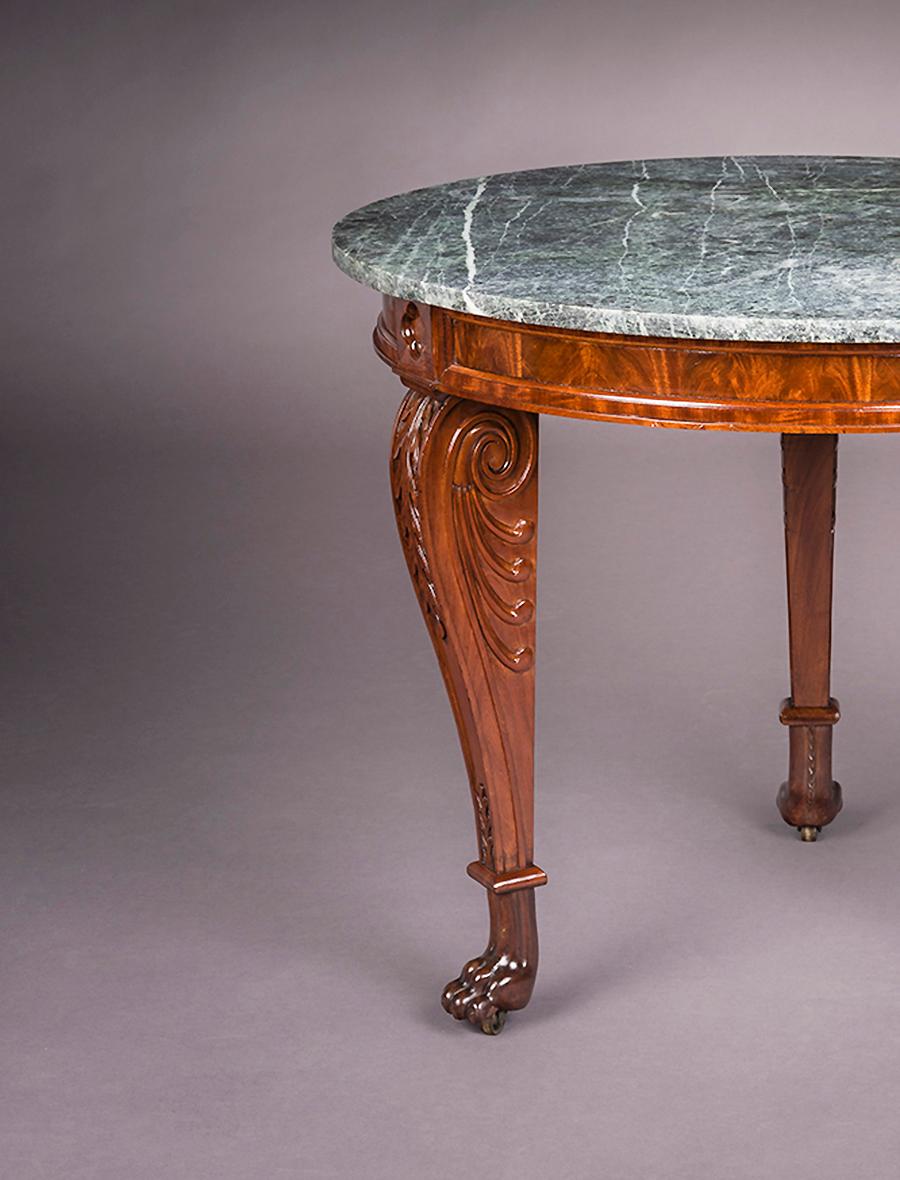 Center Table, about 1818–20
Attributed to Thomas Seymour (1771–1848), working either for James Barker or for Isaac Vose & Son, with Thomas Wightman (1759–1827) as carver, Boston
Mahogany (secondary woods: ash and white pine), with brass castors