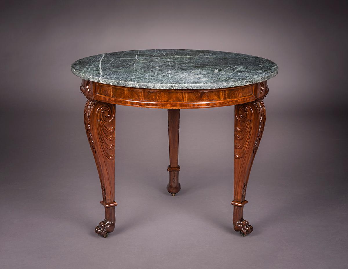 American Center Table with Scroll Legs, Paw Feet and Marble Tops For Sale