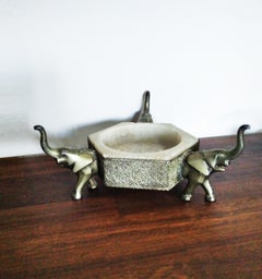 Art Deco Centerpiece Alabaster Bowl with Elephant Pedestal and Metallic Filigree