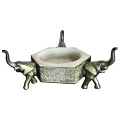 Vintage Art Deco Centerpiece Alabaster Bowl with Elephant Pedestal and Metallic Filigree