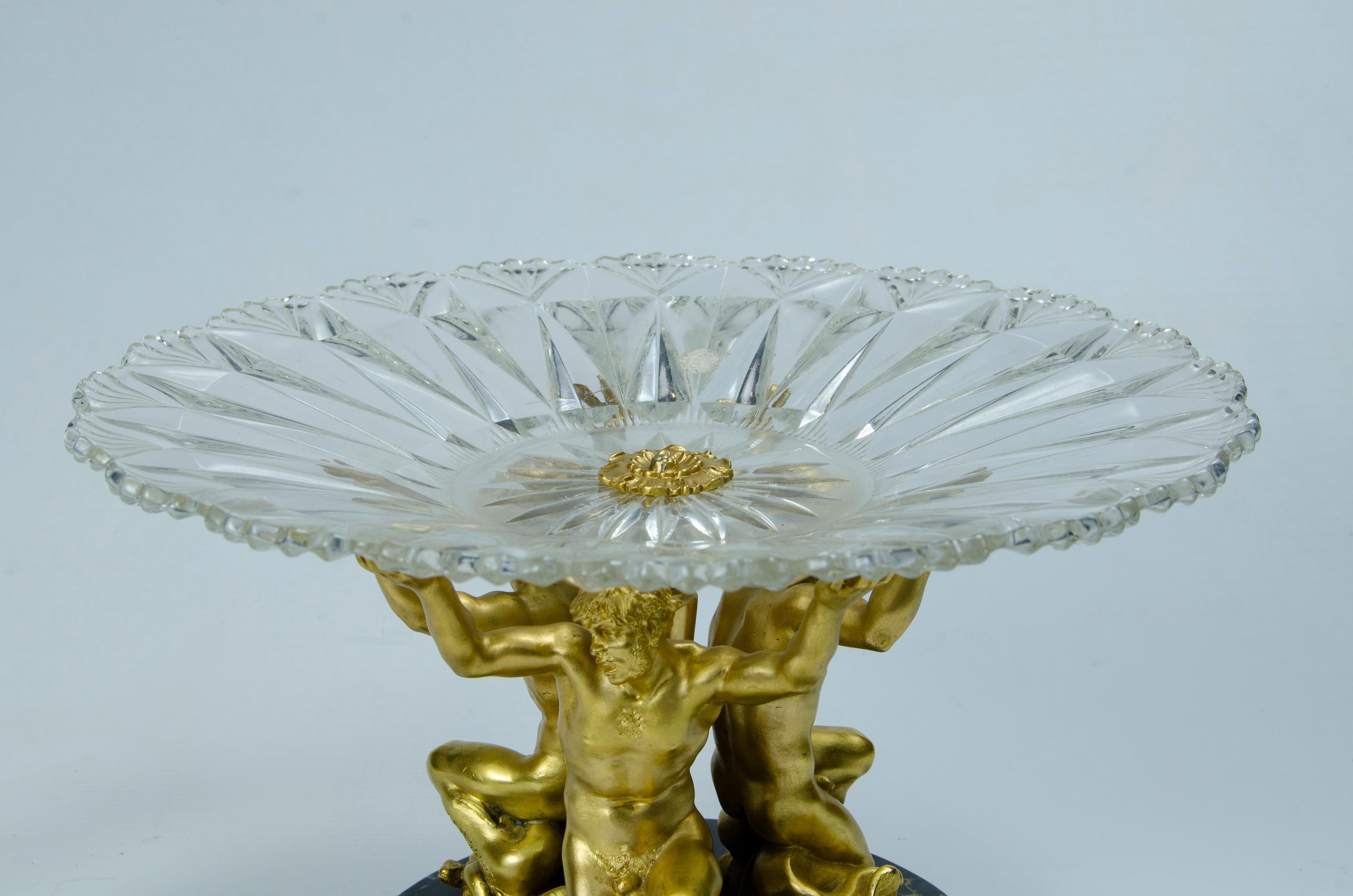 Centerpiece (Atlantes) bronze, marble and glass
materials: portore marble, gilt bronze and glass
Origin Italy circa 1930
neoclassical perfect condition.