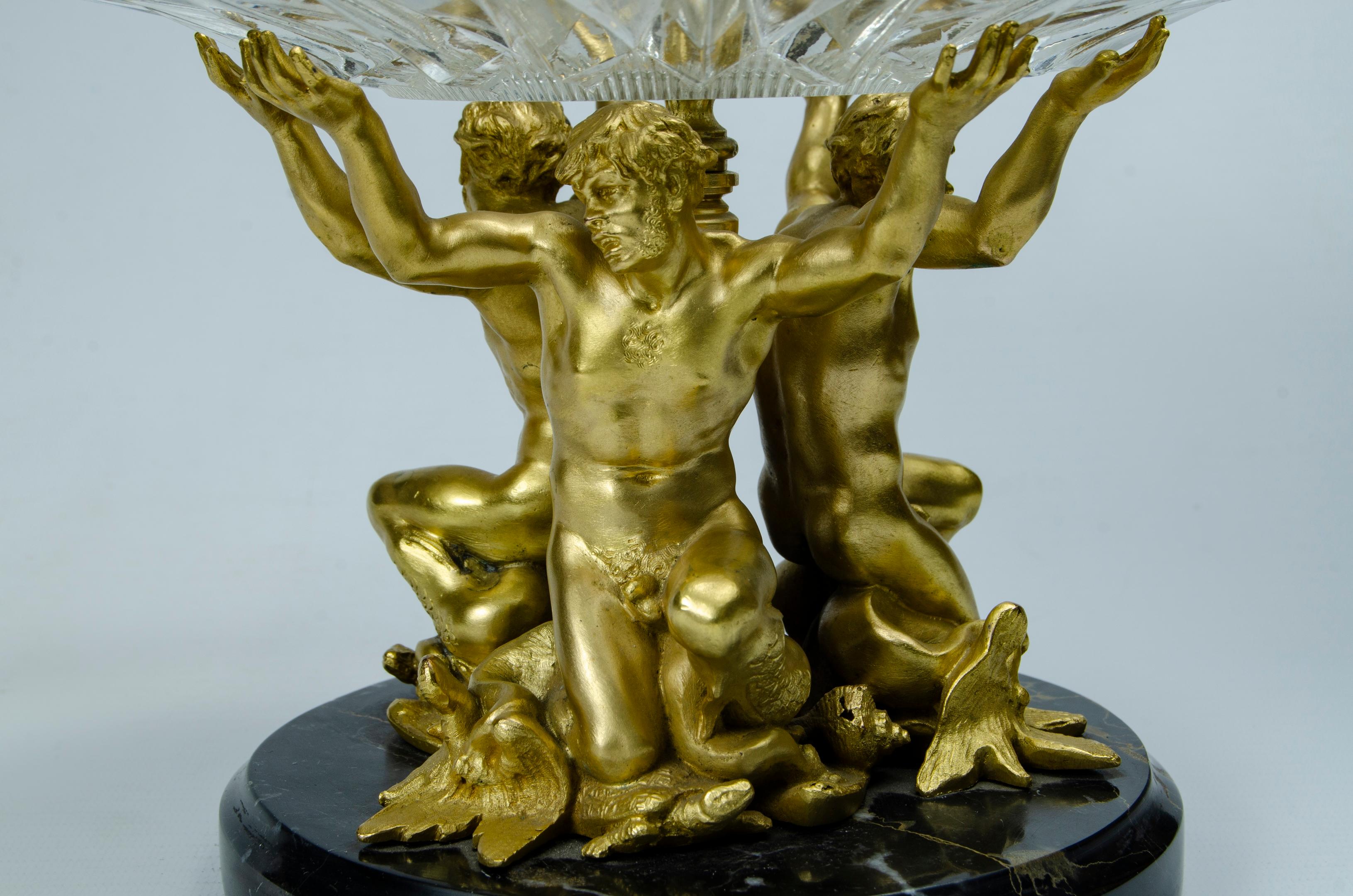 Neoclassical Centerpiece 'Atlantes' Bronze, Marble and Glass For Sale
