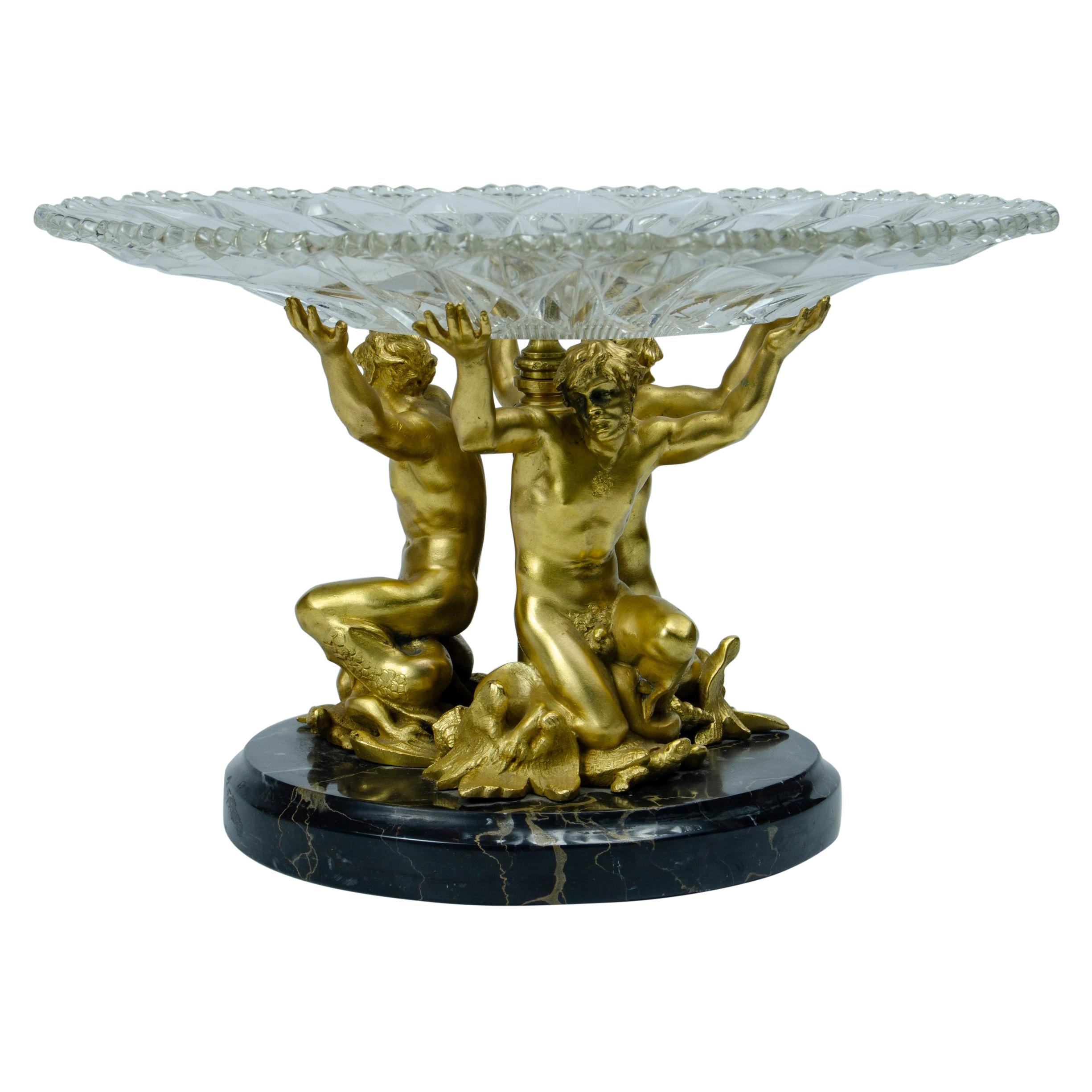 Centre de table "Atlantes" en bronze, marbre et verre en vente