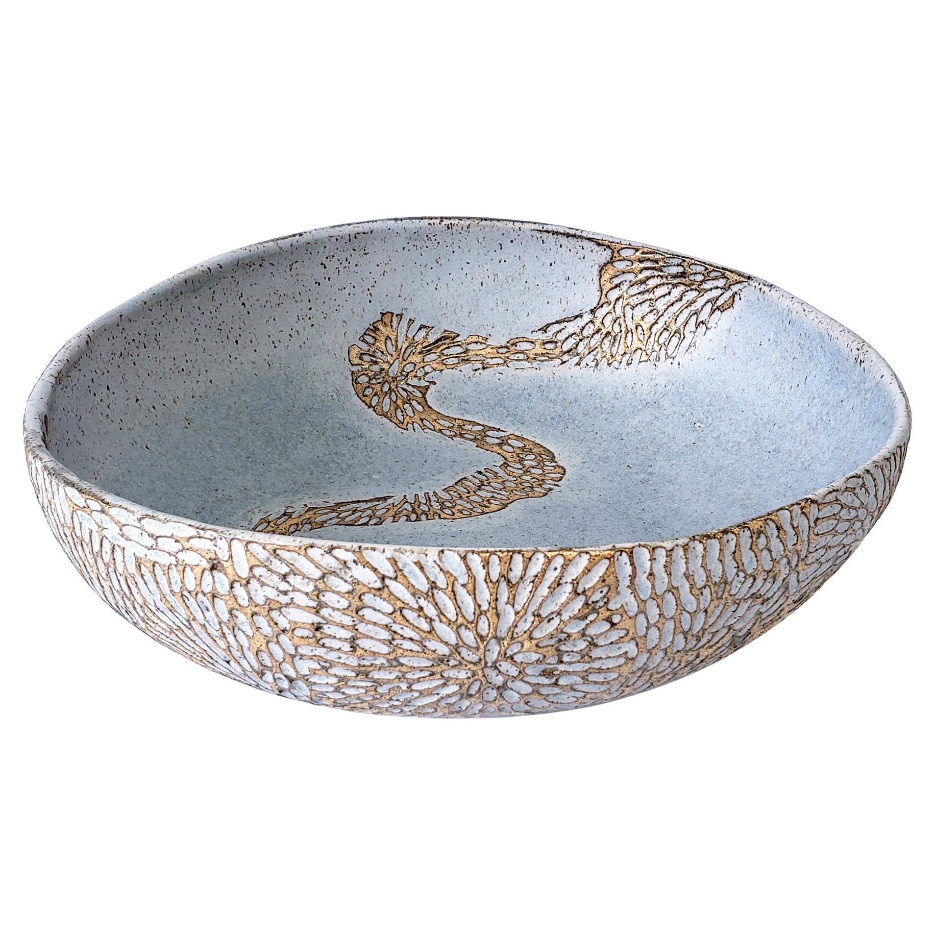 Centerpiece Bowl Seed Pod Ceramic Coastal Blue-Grey Glaze For Sale