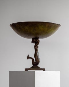 Centerpiece Bronze Bowl on Foot with Mermaid by Ystad Metall, Swedish Art Deco