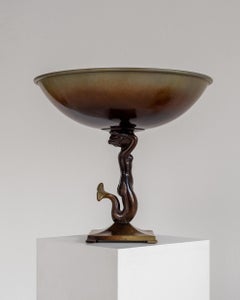 Centerpiece Bronze Bowl on Foot with Mermaid by Ystad Metall, Swedish Art Deco
