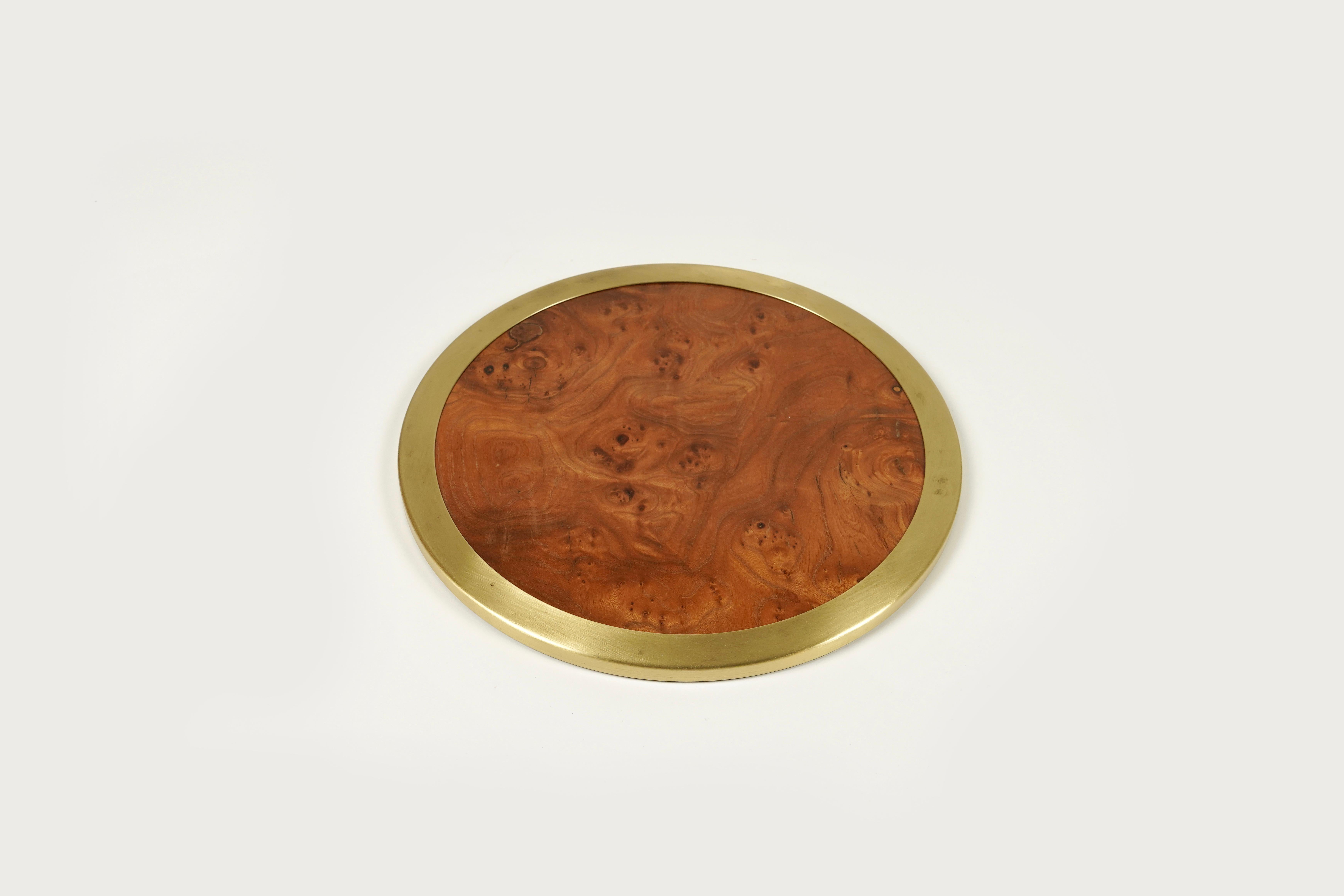 Centerpiece Dish Serving Tray in Wood and Brass Willy Rizzo Style, Italy 1960s For Sale 1