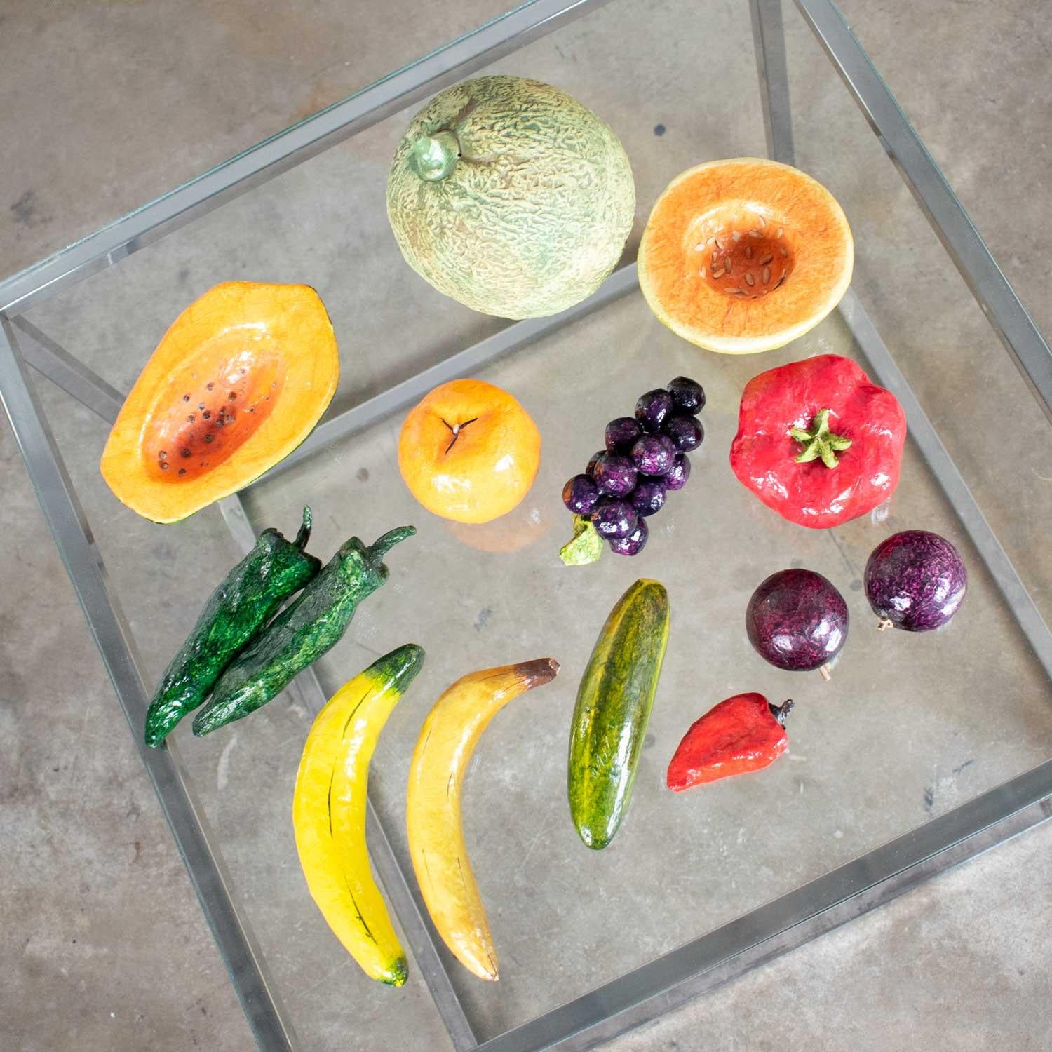 Centerpiece Glass Bowl Papier Mâché Fruit & Vegetables Plus Ceramic Cantaloupe In Good Condition For Sale In Topeka, KS
