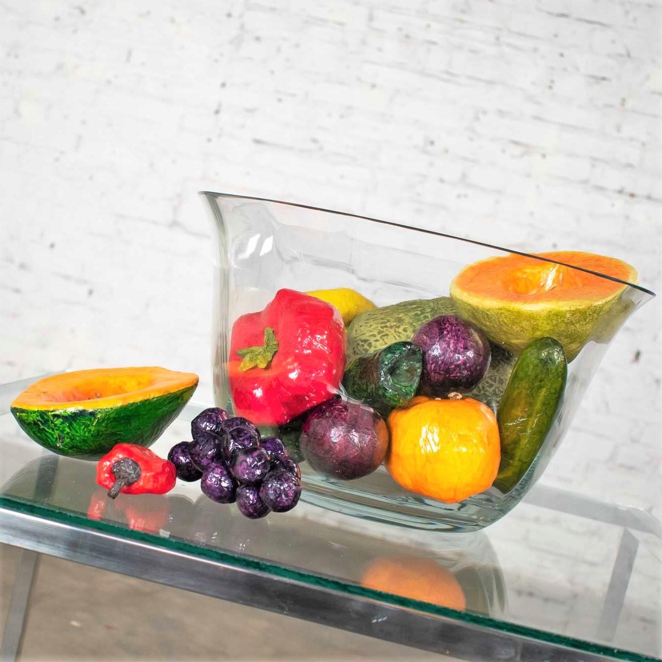 20th Century Centerpiece Glass Bowl Papier Mâché Fruit & Vegetables Plus Ceramic Cantaloupe For Sale