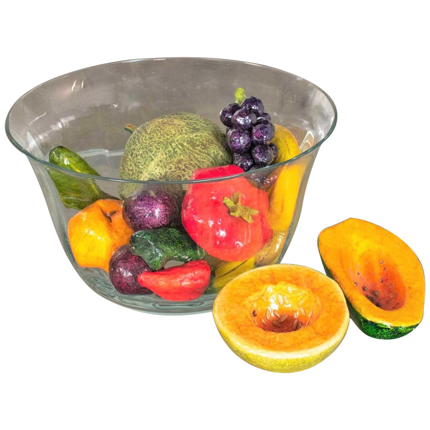 Centerpiece Glass Bowl Papier Mâché Fruit & Vegetables Plus Ceramic Cantaloupe For Sale