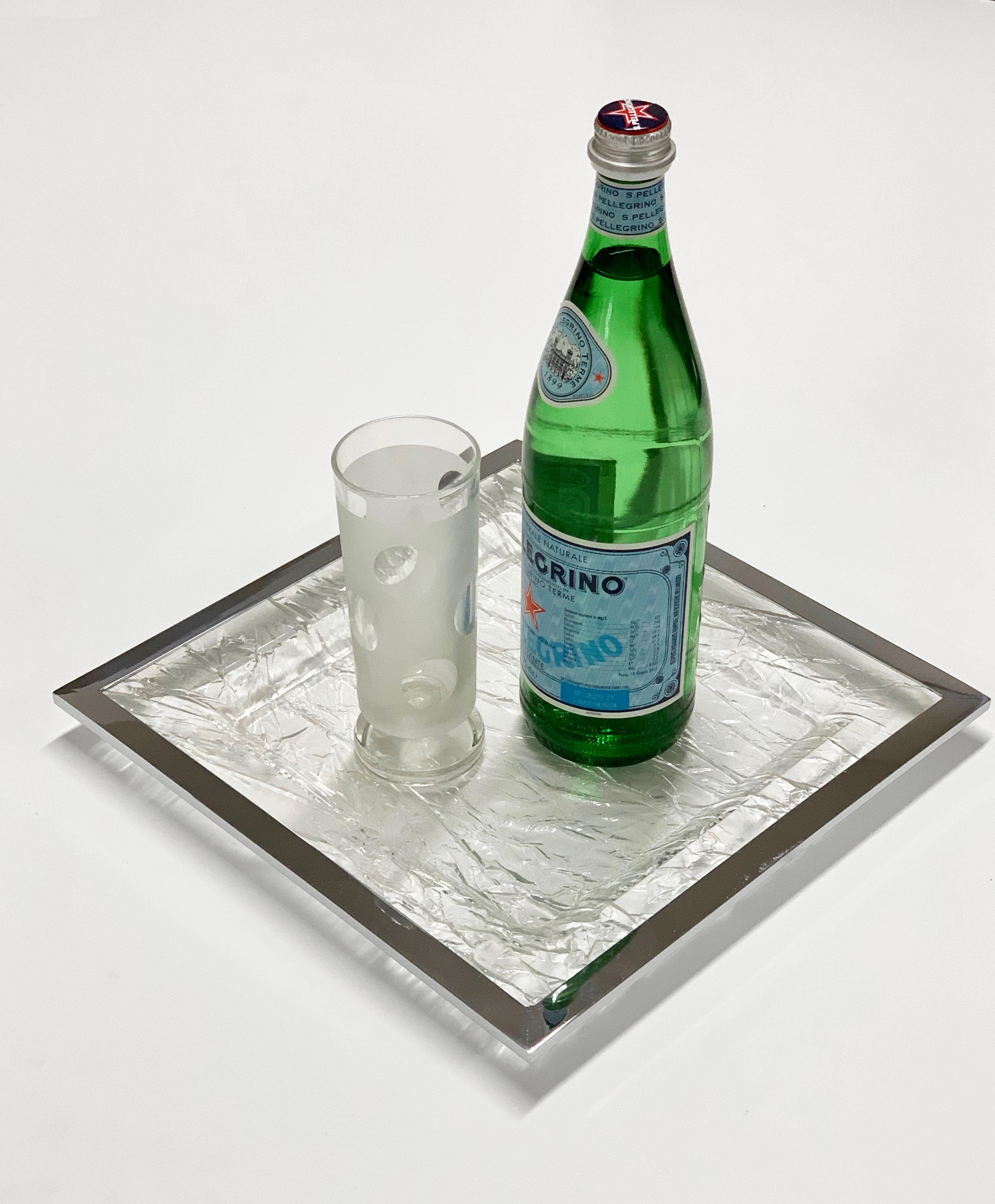 Mid-Century Modern Centerpiece, Ice Effect Tray, Lucite, Chrome, Willy Rizzo Style, Italy, 1970s