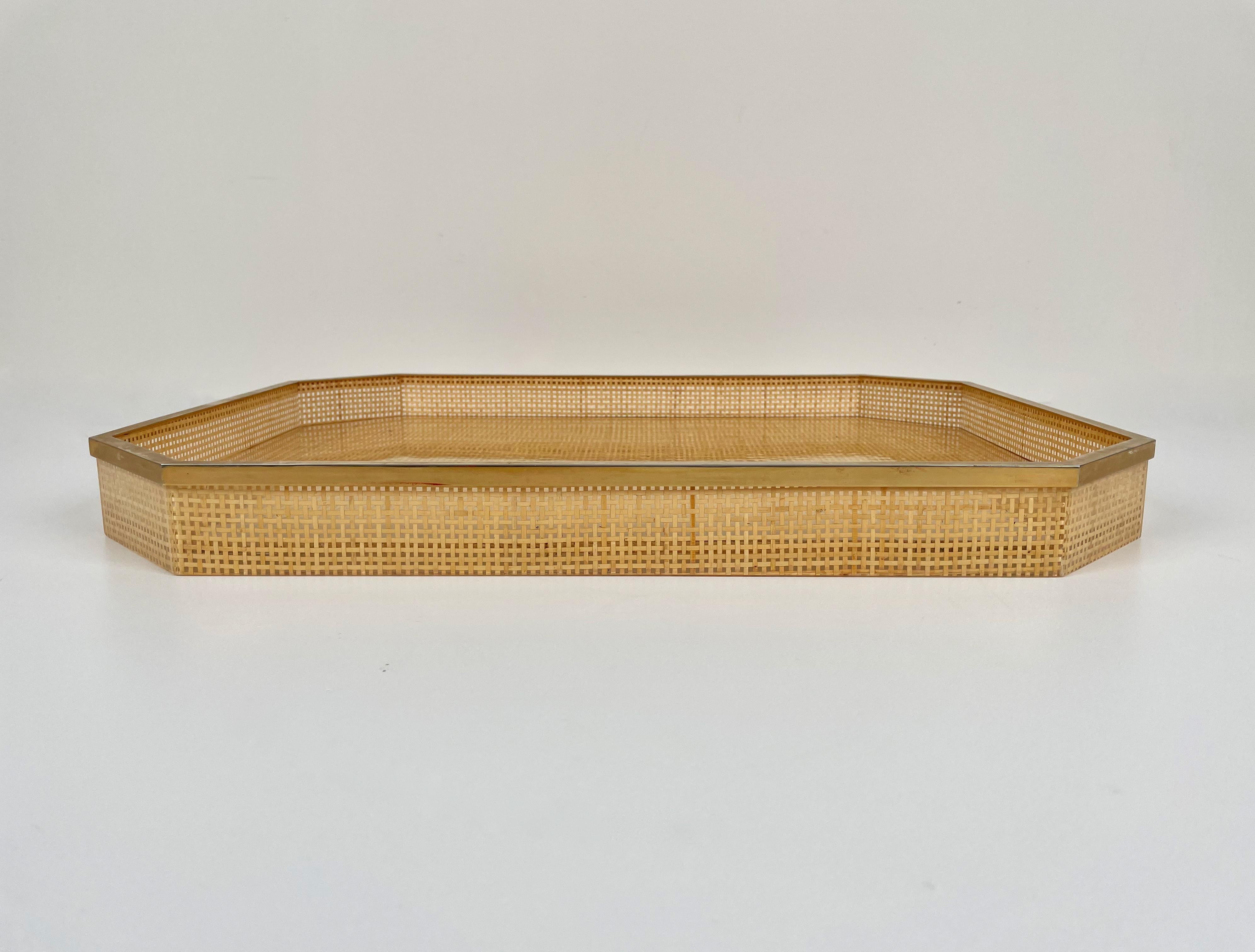 Mid-20th Century Centerpiece in Brass, Lucite and Wicker by Janetti, Italy, 1960s