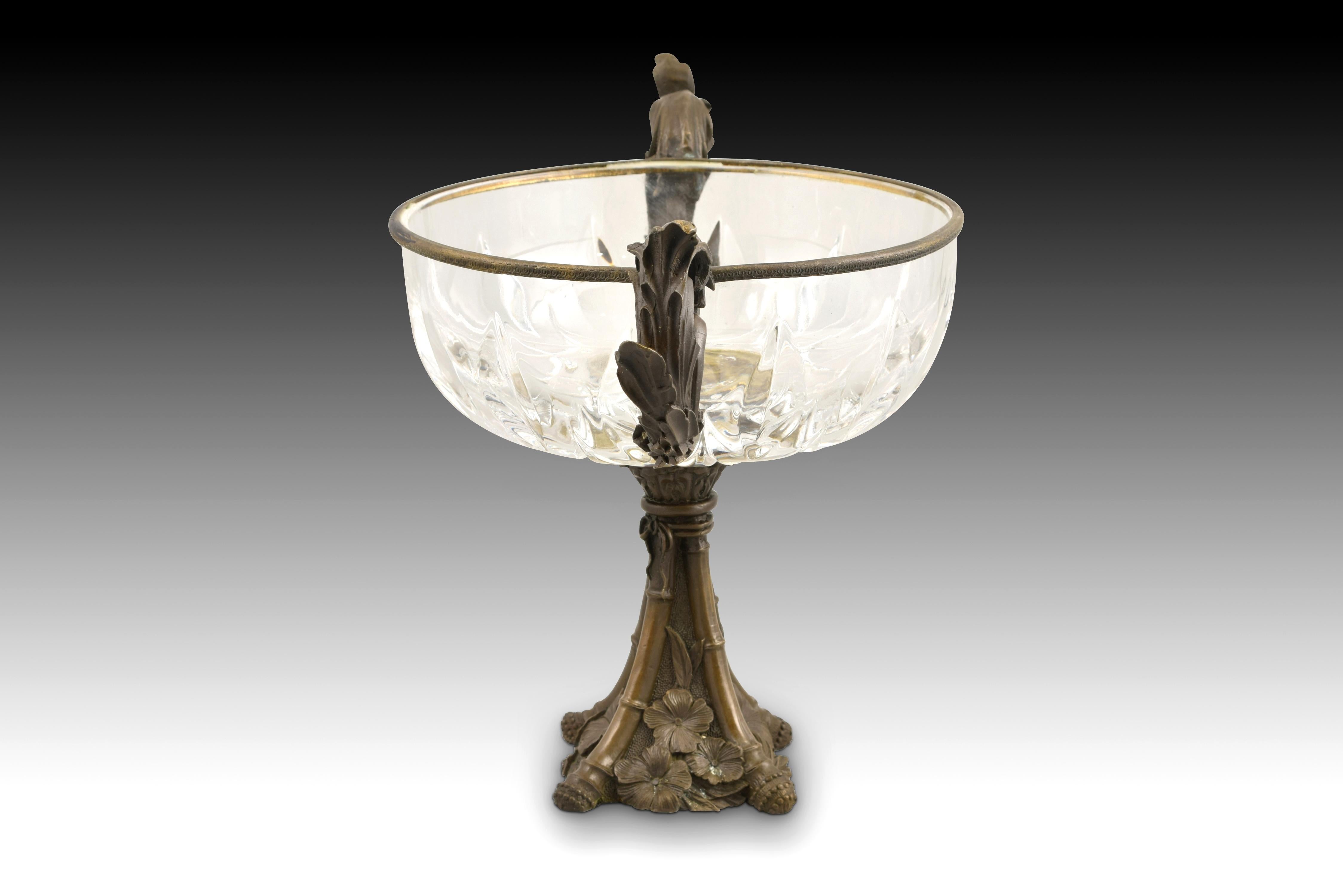 20th Century Centerpiece in Bronze and Glass, Lost Wax Casting of Bronze