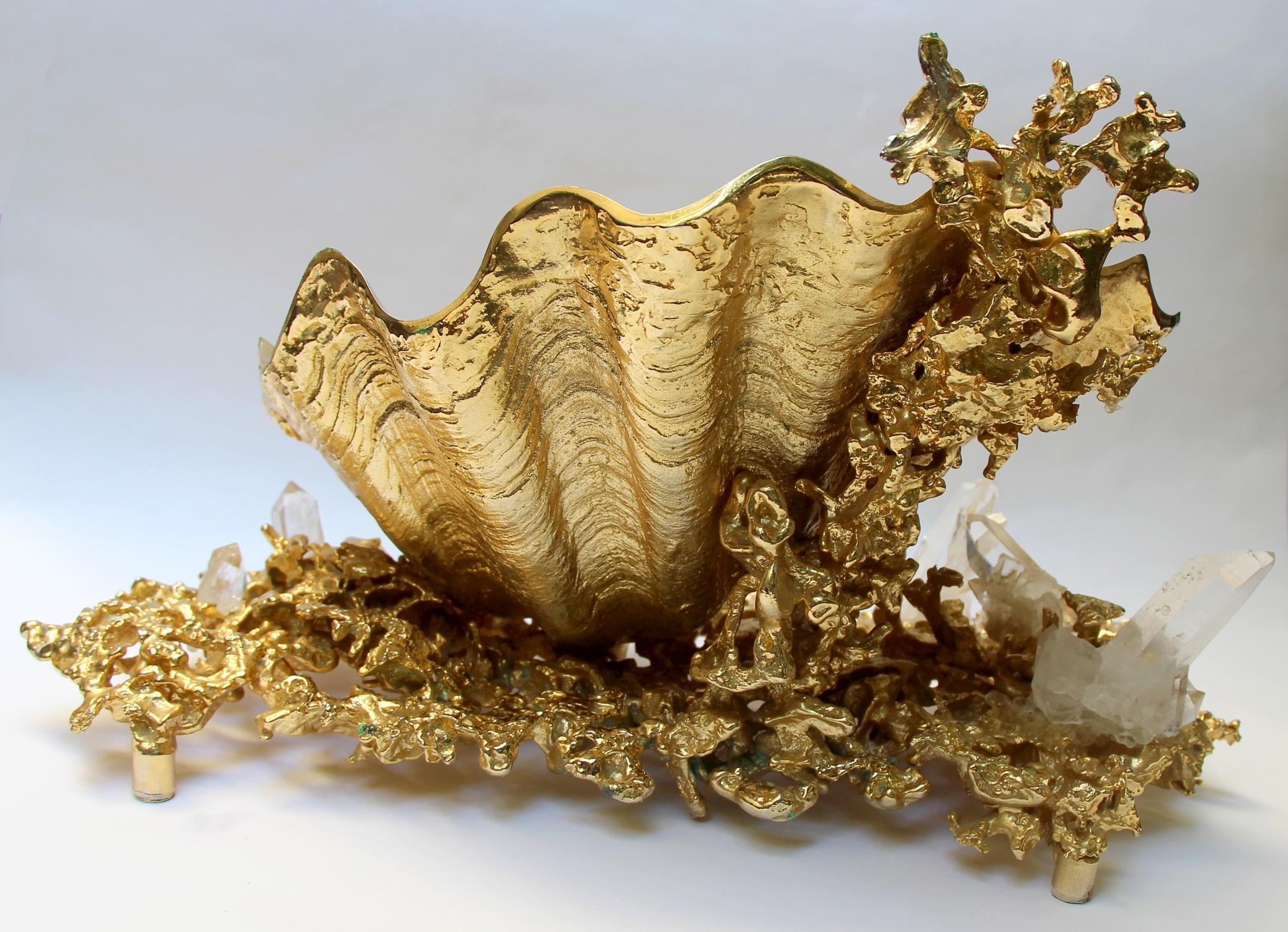 French Centerpiece in Gilded Bronze and Rock Crystal, Claude Victor Boeltz France, 1970