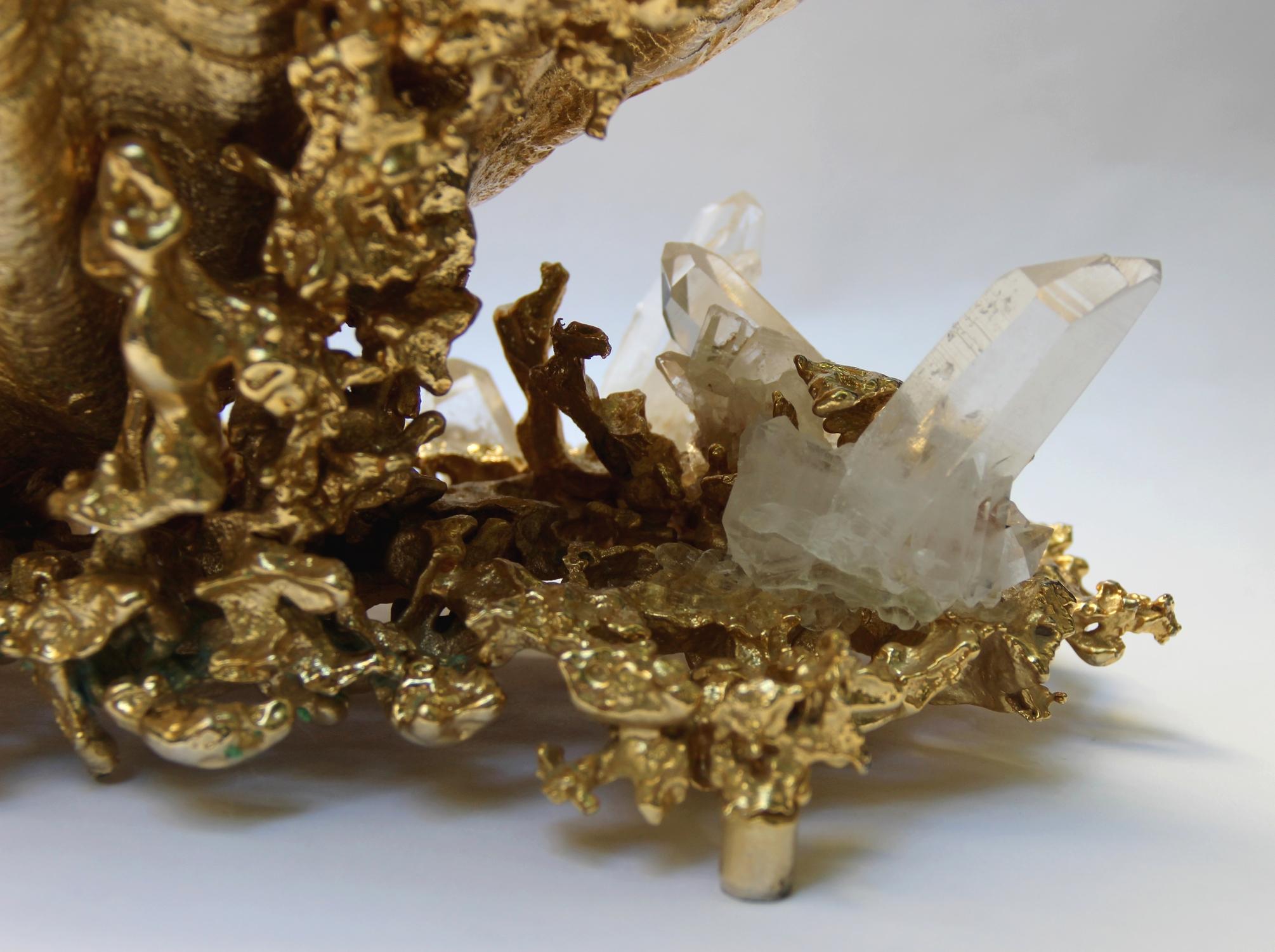 Gold Centerpiece in Gilded Bronze and Rock Crystal, Claude Victor Boeltz France, 1970