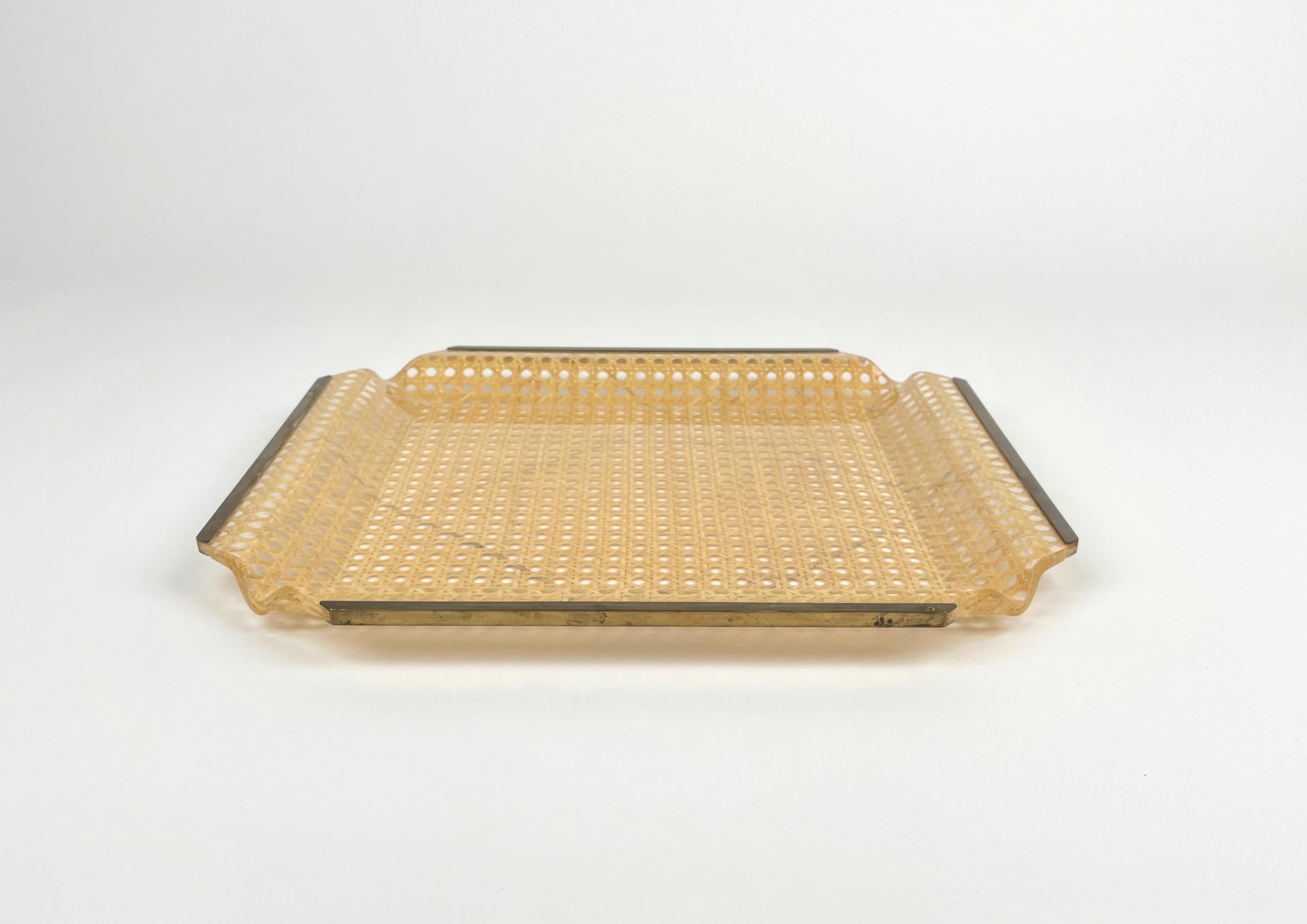 Mid-Century Modern Centerpiece in Lucite, Rattan & Brass Christian Dior Style, Italy, 1970s For Sale